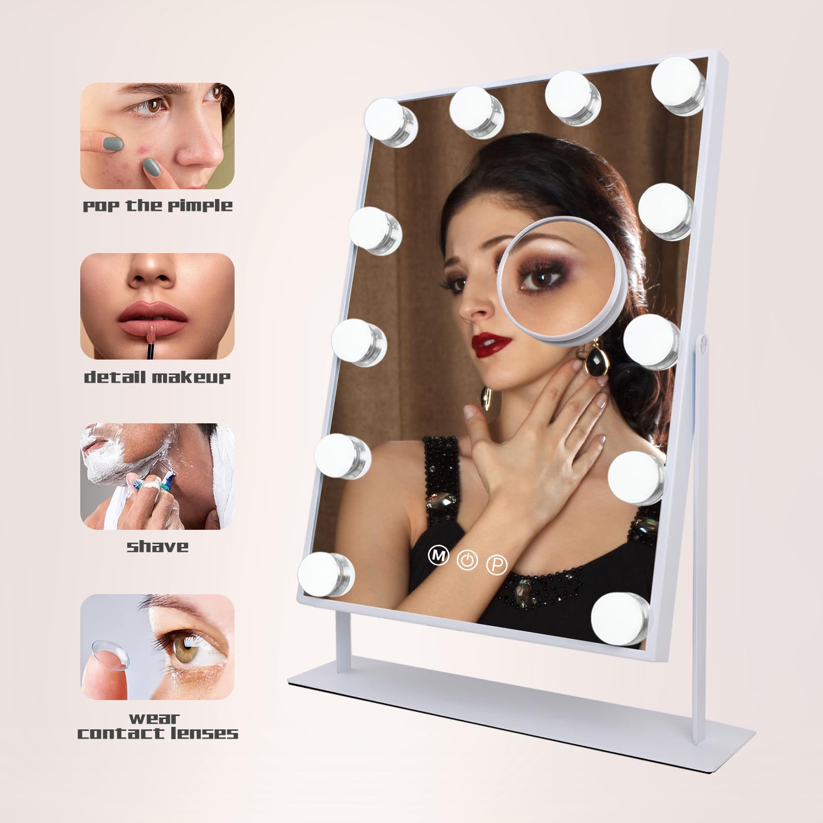 Cooljeen Hollywood Vanity Mirror With Lights, 10X Magnification, 3 Color Lighting Modes, 360 Swivel, Slim & Chic, Tabletop Mount