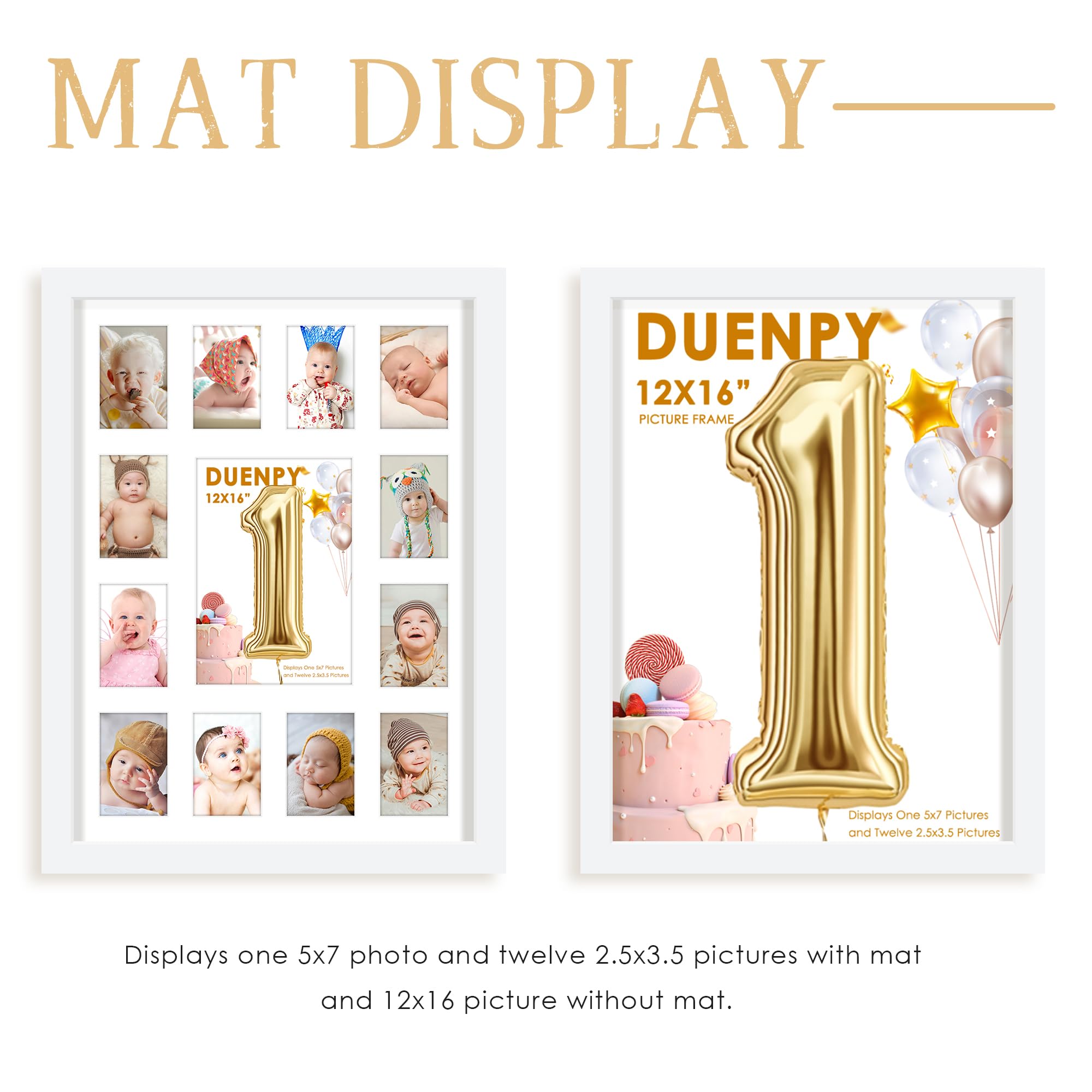 DUENPY 12x16 My First Year Picture Frame Displays One 5x7 inch and Twelve 2x3 inch Small Photo Collage Wall Hanging or Tabletop