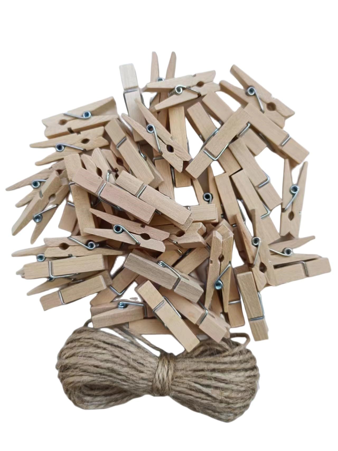 50Pcs Small Wooden Clothespins For Pictures With Jute Twine Miniature Clothes Pins For Crafts Decor Drying Clothing Peg Natural