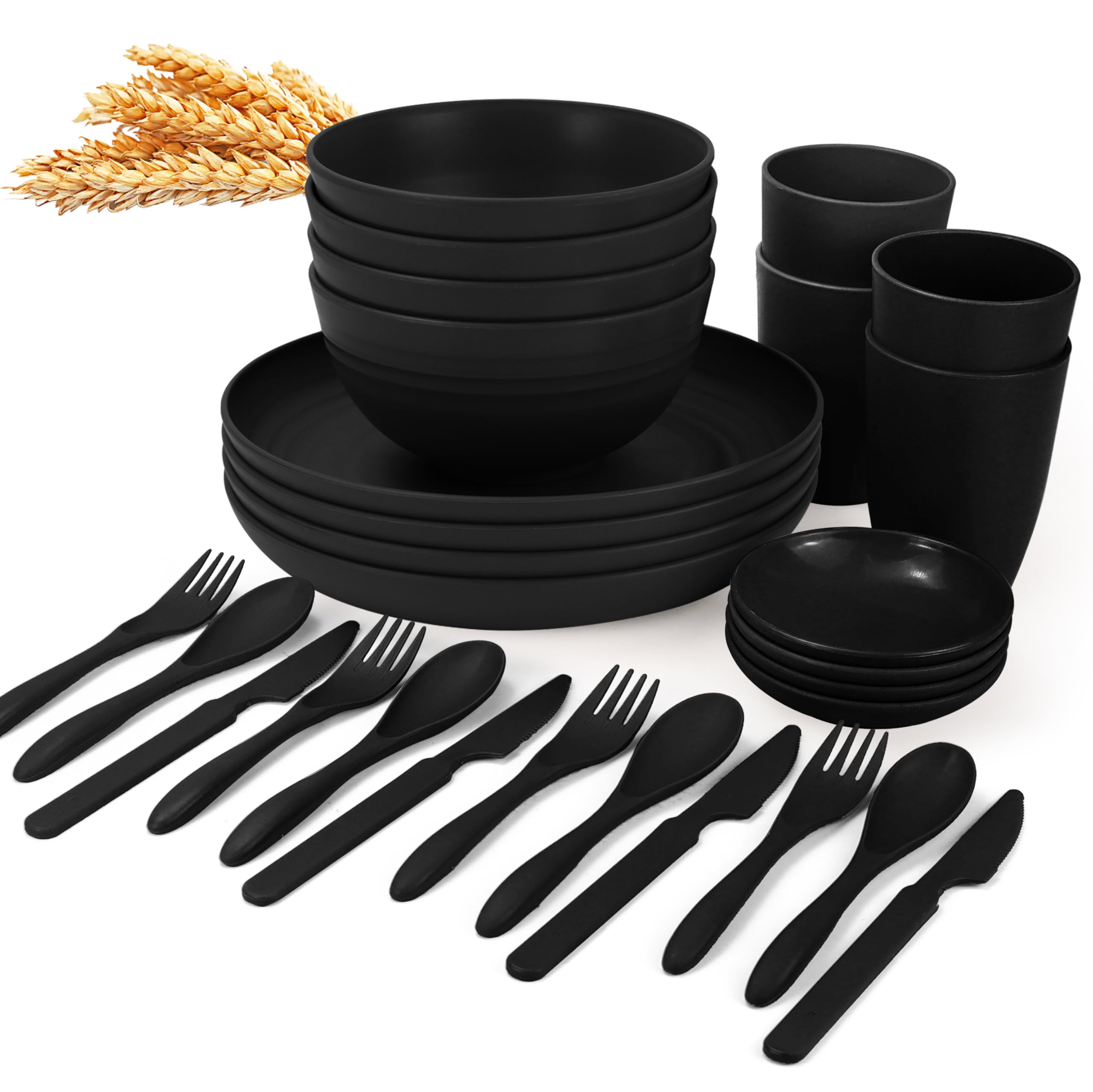 Wrova Wheat straw dinnerware set of 28 - Bowls and Plates Set for Dorm - Microwave and Dishwasher safe dish sets for kitchen,cam