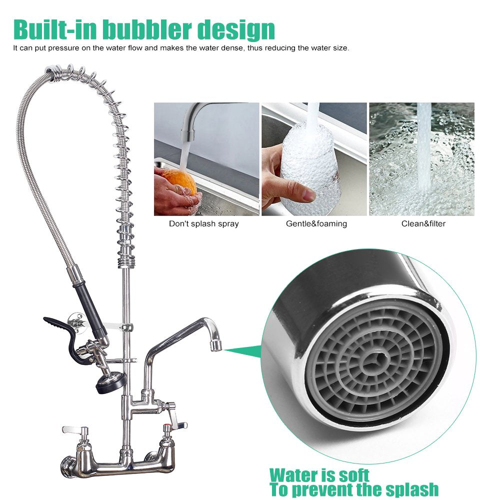 CWM Commercial Sink Faucet with Sprayer 36 inch Commercial Faucet Pre Rinse Sprayer 8 inch Wall Mount Center with 12 inch Add on Spout