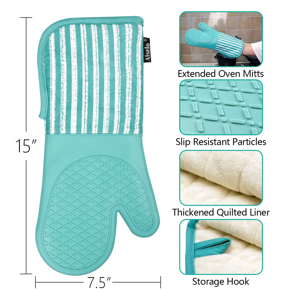 Alselo Silicone Oven Mitts Heat Resistant 932? With Waterproof & Non-Slip Kitchen Mittens, Set Of 2 Extra Long Oven Gloves With