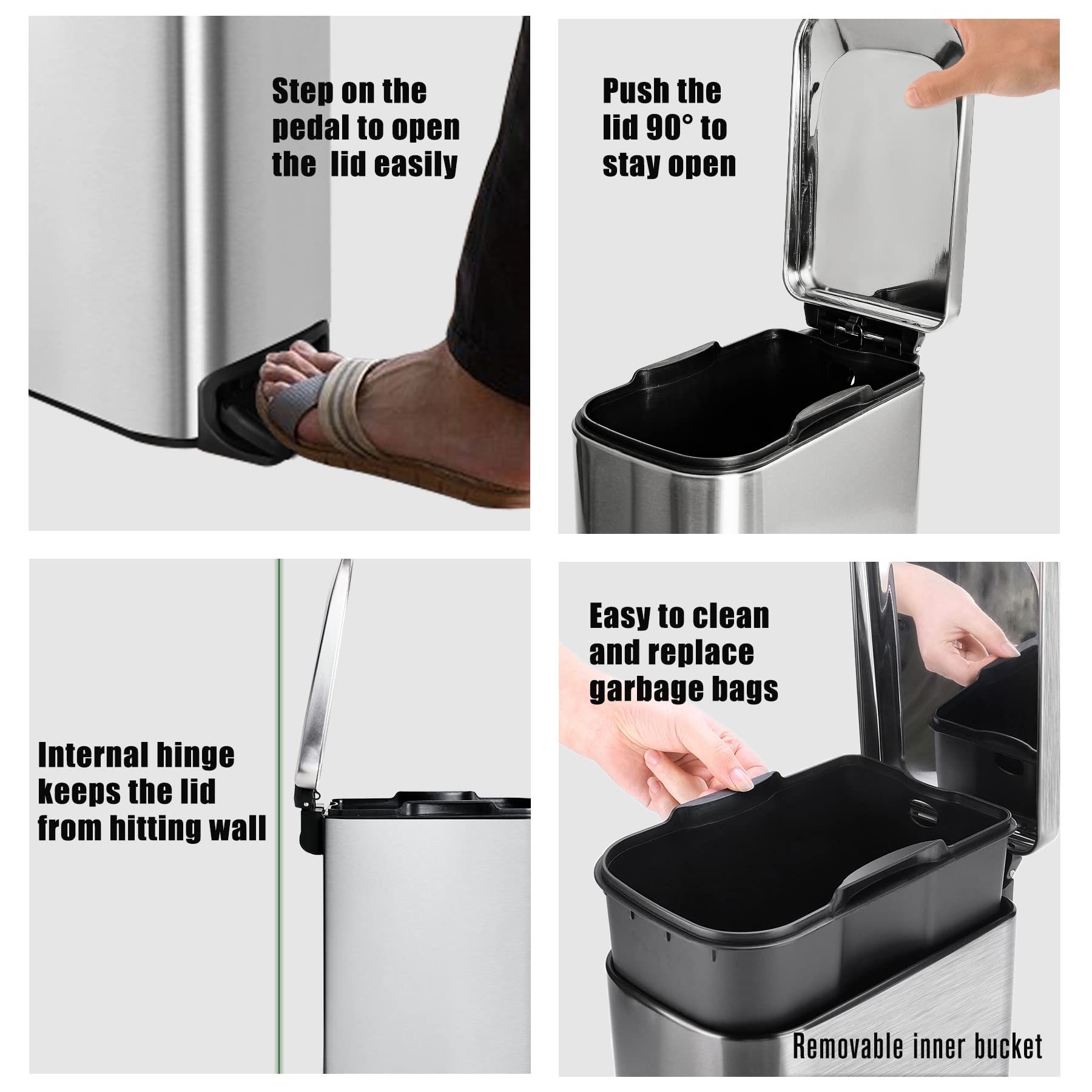 Cesun Small Bathroom Trash Can With Lid Soft Close, Step Pedal, 6 Liter / 1.6 Gallon Stainless Steel Garbage Can With Removable