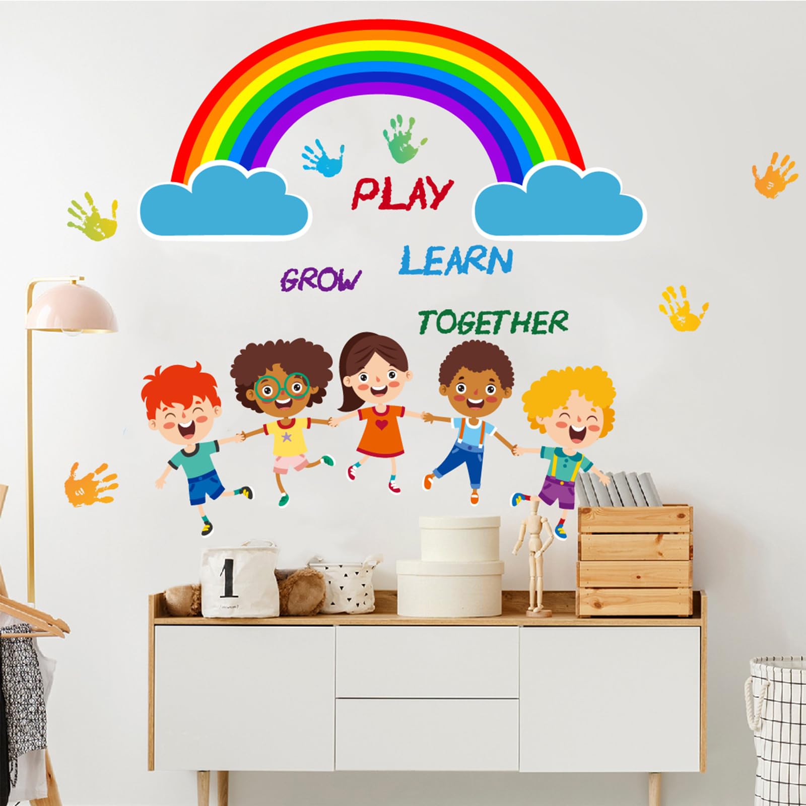 Colorful Rainbow Wall Decals Kids Handprint Wall Stickers Inspirational Wall Art Murals Peel And Stick For Classroom School Nurs