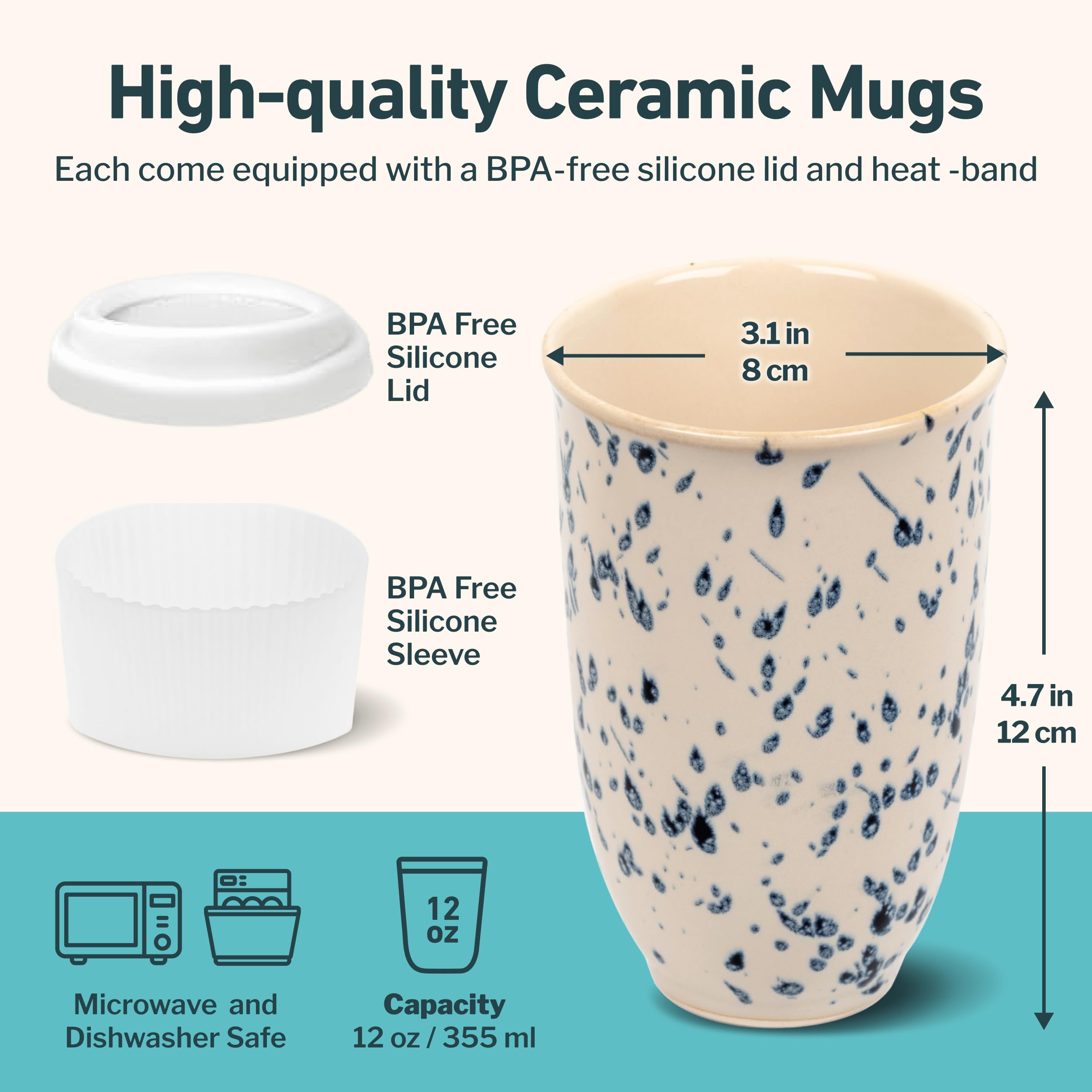 NOVA CERAMICS Travel Mug - Travel Size Mug - Reusable Coffee Mug Unique to Go Mug - Microwave & Dishwasher Safe Coffee White & B