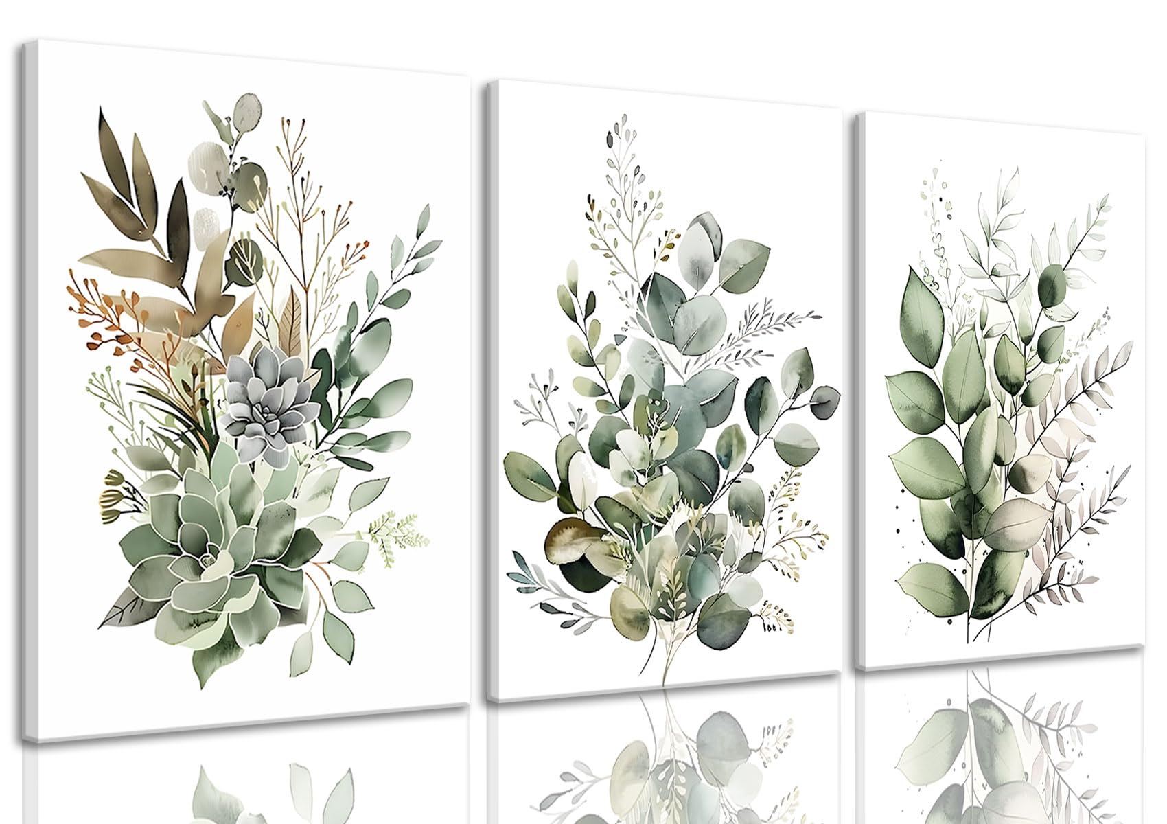 Bwodke Framed Botanical Wall Art Boho Floral Watercolor Plant Poster Canvas Prints Set Of 3 Sage Green Painting Eucalyptus Leaf 