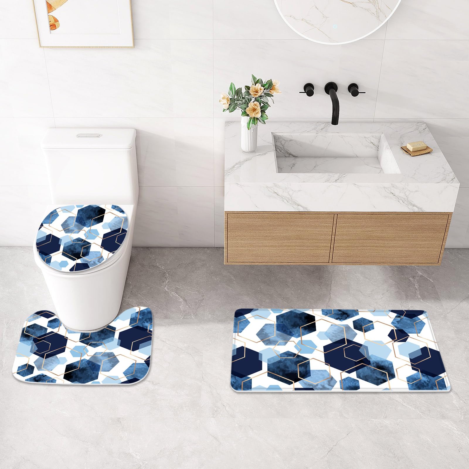 Litabel 4 Pcs Navy Blue Modern Geometric Shower Curtain Set With Non-Slip Rugs, Toilet Lid Cover And Bath Mat, Abstract Bathroom