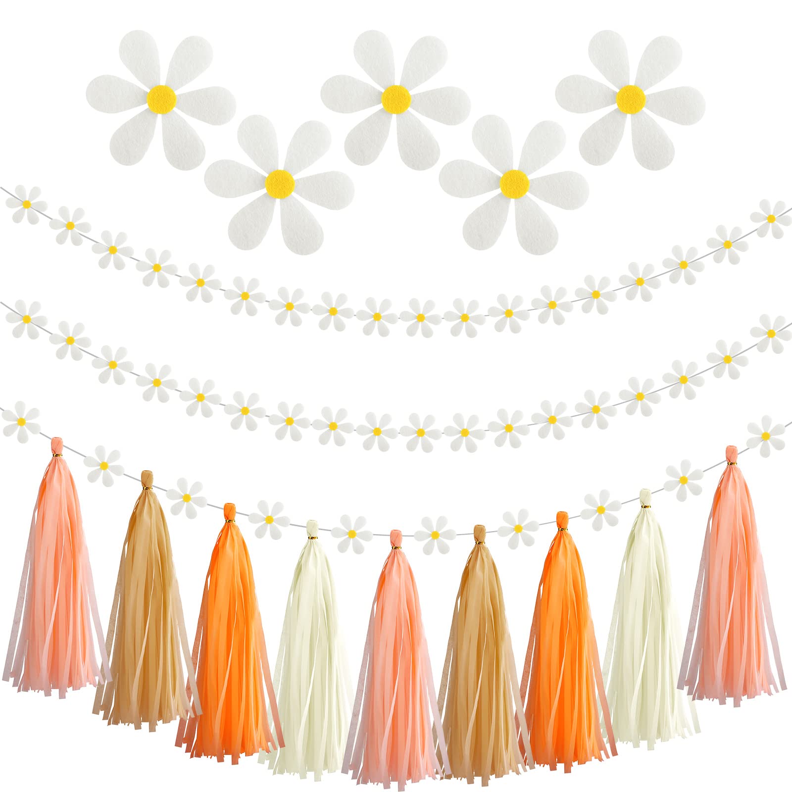Tudomro 2 Pcs Daisy Groovy Boho Garland With 20 Pcs Paper Tassels, Groovy Party Decorations Hippie Daisy Felt Banner Artificial
