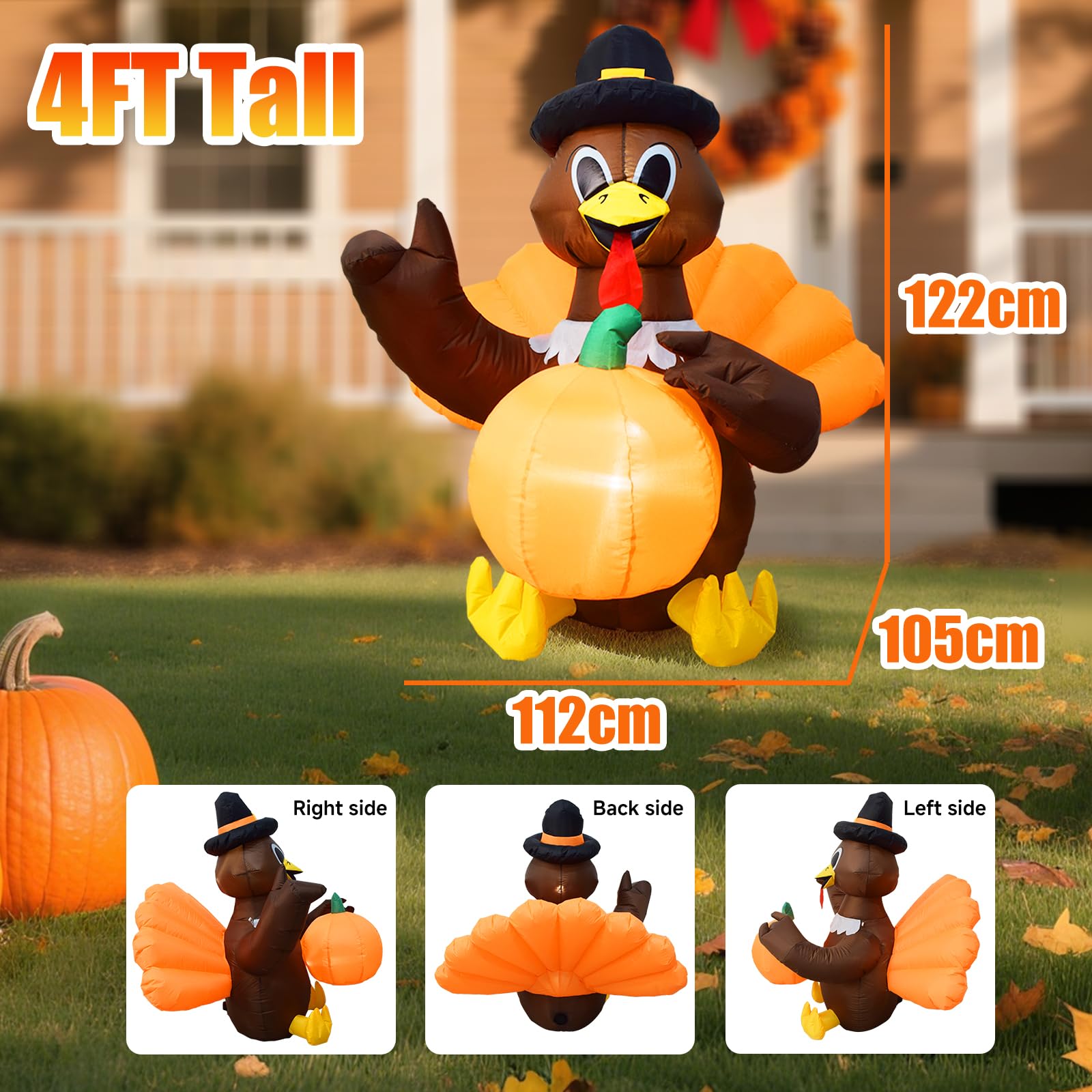 4FT Thanksgiving Turkey Inflatable with Built-in LED Lights, Blow Up Turkey with Pilgrim Hat Outdoor Holiday Decoration, Lawn Ya