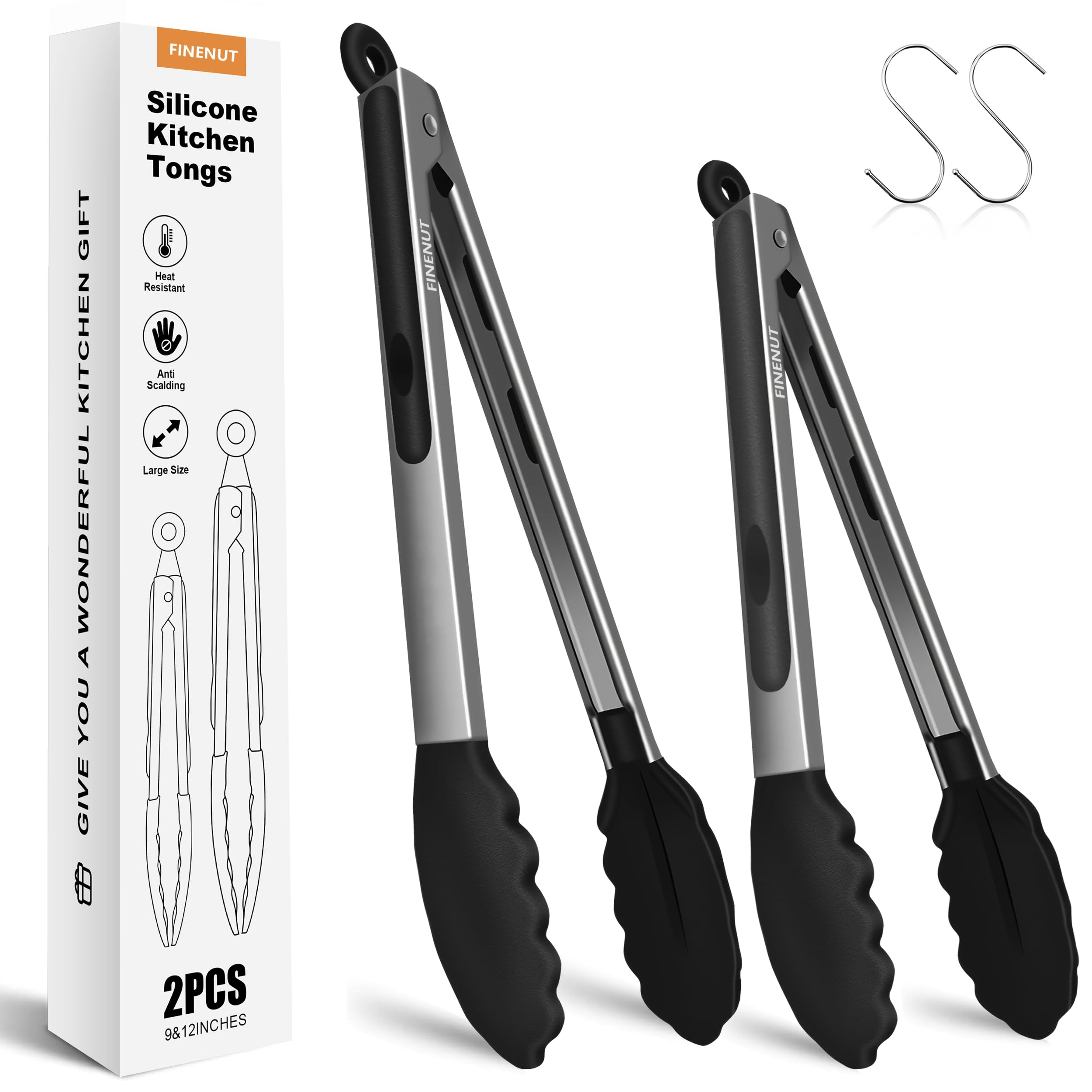 FINENUT Stainless Steel&Silicone Food Tongs Set of 2 (9+12 Inch)-BPA-Free&Non-Toxic Heat Resistant Non-Scratch BBQ&Cooking Tools