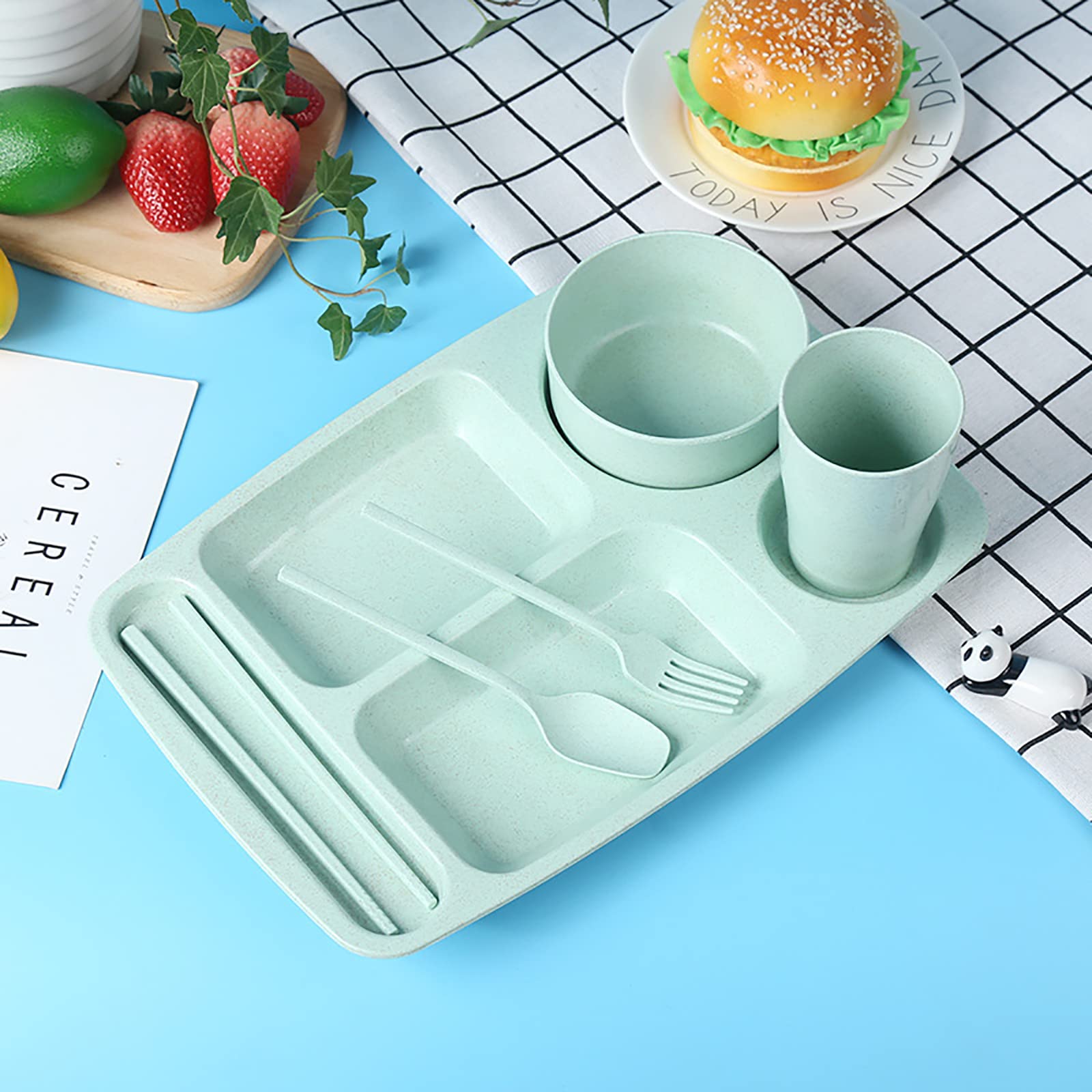 Wuweot 8 Pack Divided Food Plates, 13.5'' Wheat Straw Tray, 5-Compartment Unbreakable Fast Food Tray, Microwave Dishwasher Safe,