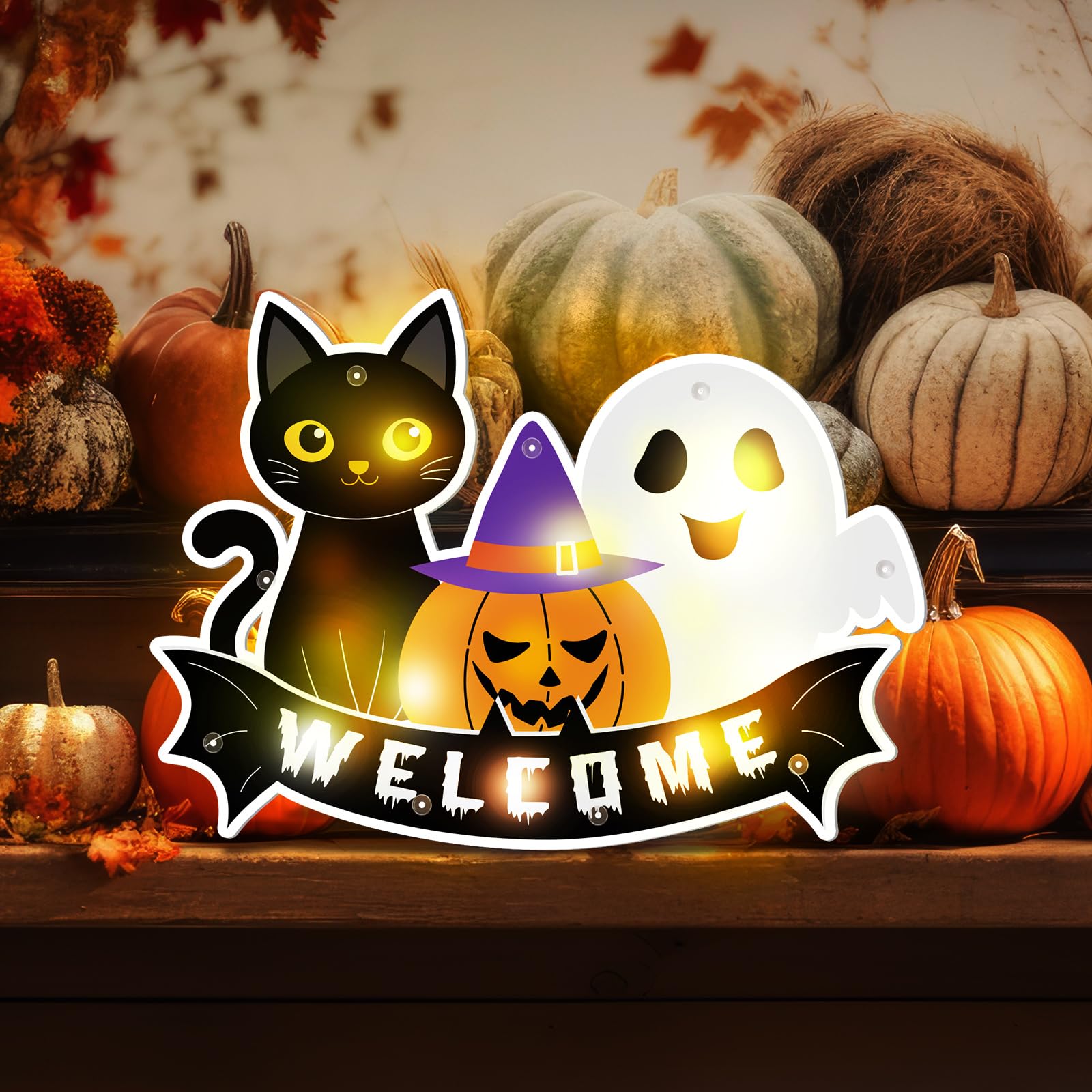 Wonderjune Welcome Halloween Door Decorations with Lights up Plastic Hanging Window Front Door Wreath Battery Powered Welcome Bl