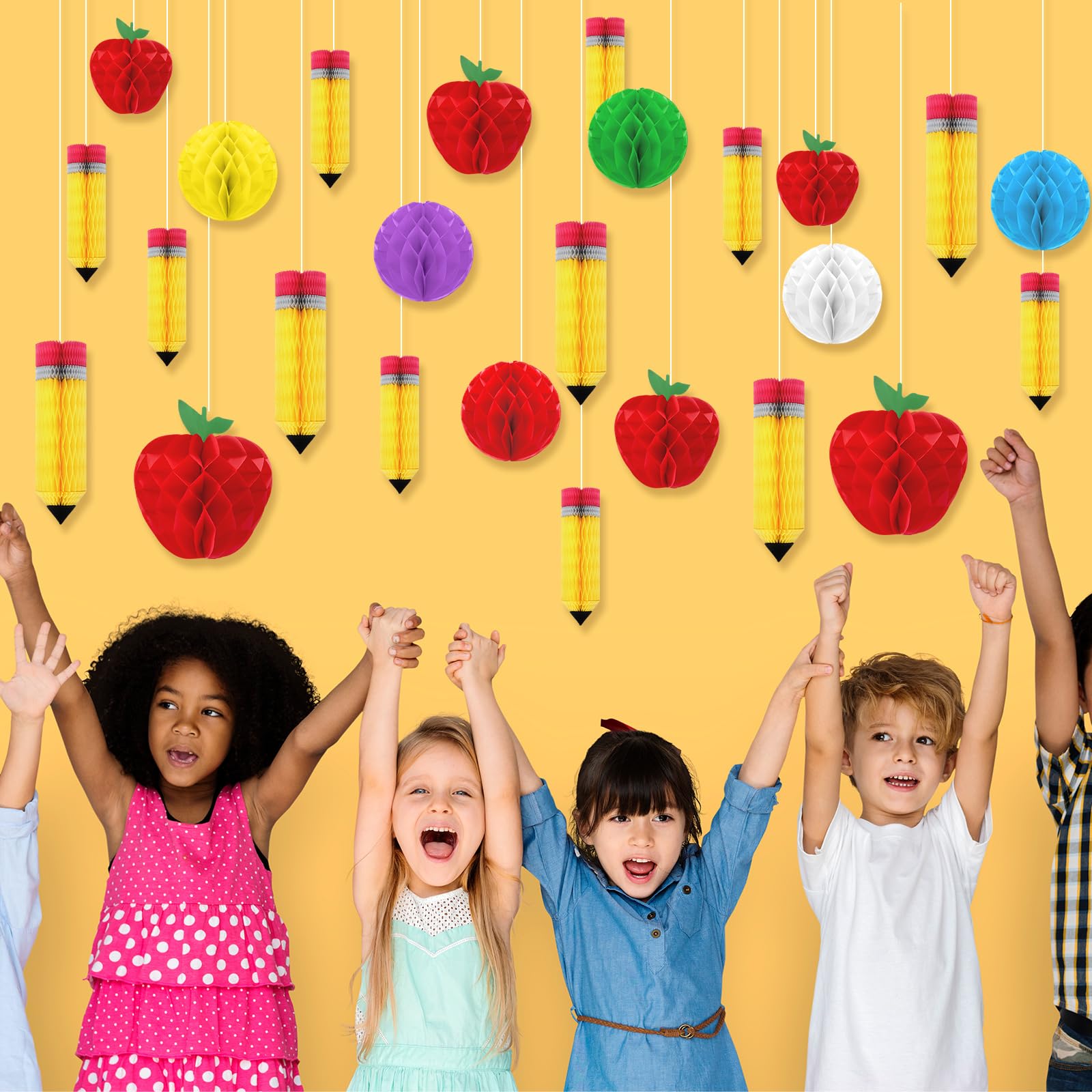 Seenelling 24 Pcs Back To School Decorations Honeycomb Centerpiece Include 12 Pencil Hanging Honeycomb 6 Fruit Shaped Paper Hone