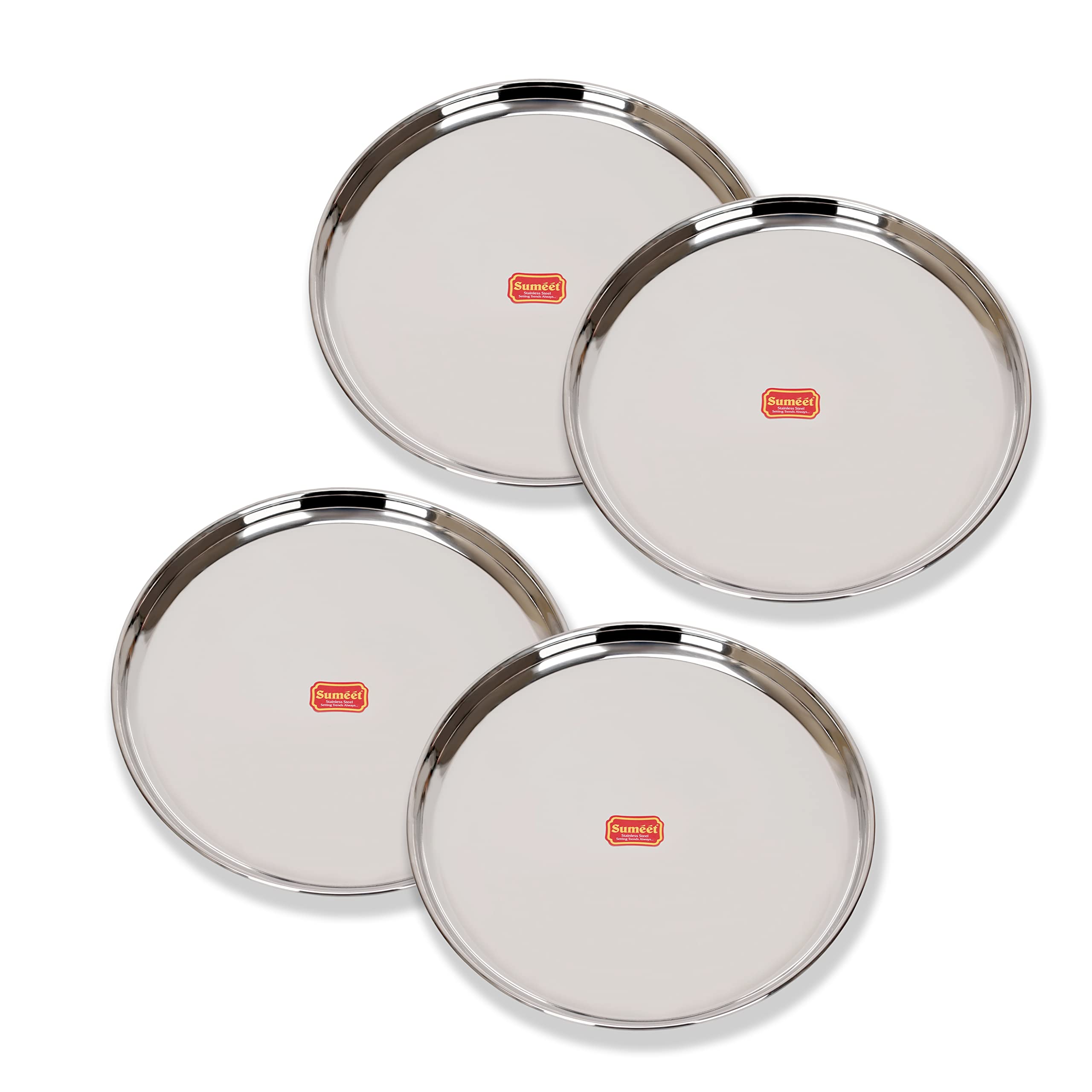 Sumeet StainlessSteel Heavy Gauge Dinner Plates with Mirror Finish32.3cm Dia, Set of 4pc, Silver
