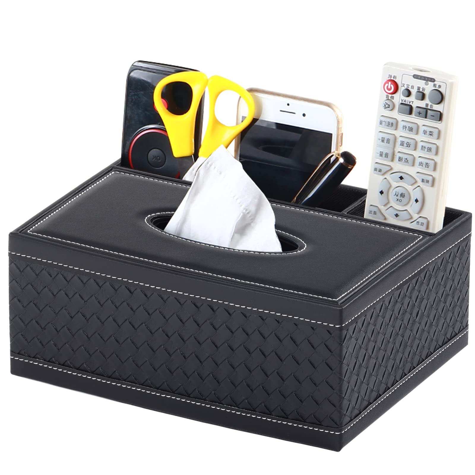 Xnone Tissue Box Cover Rectangle Black Kleenex Box Holder Pu Leather Facial Tissue Organizer,Multifunctional Remote Control Stat