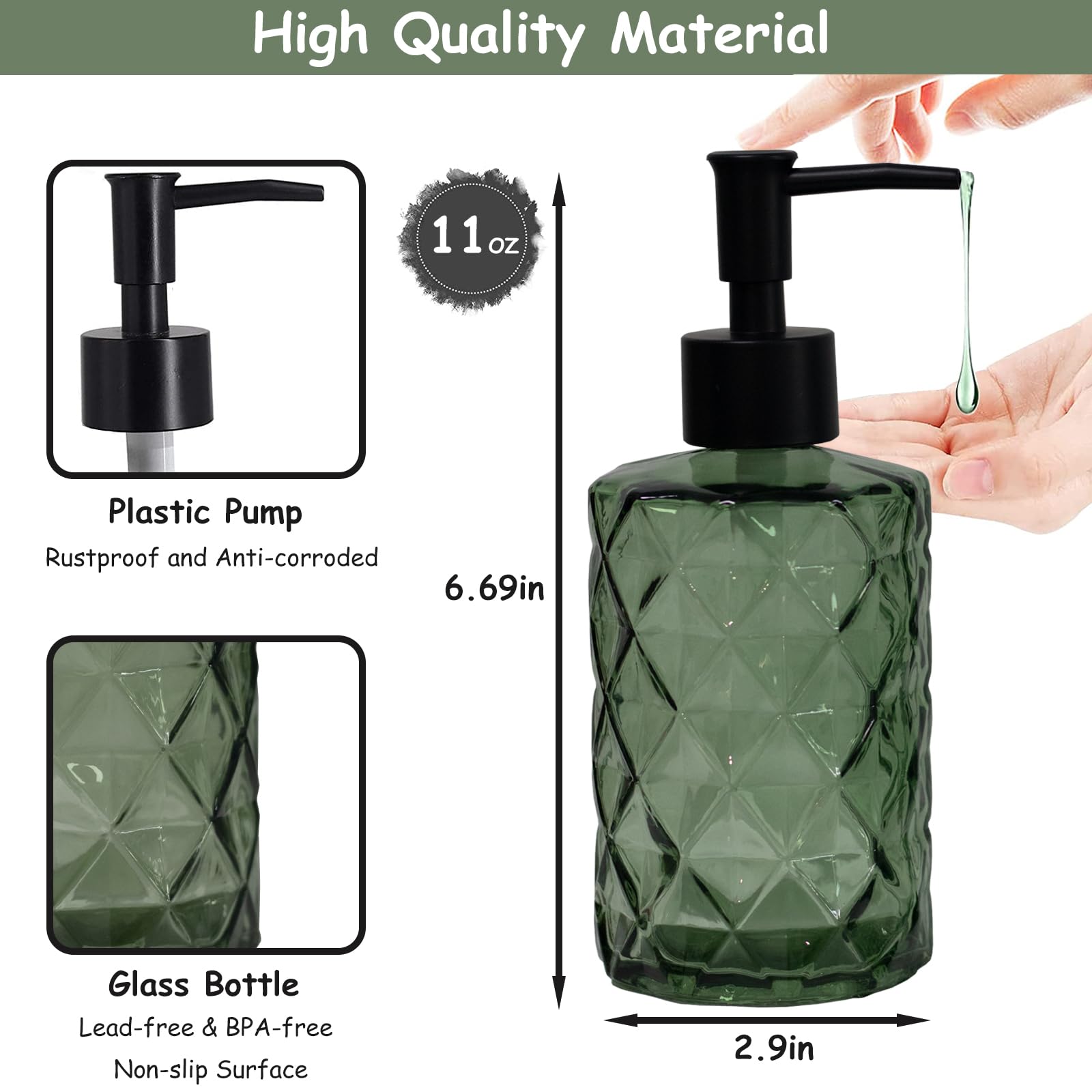 Green Glass Soap Dispenser With Black Plastic Pump, 12Oz Refillable Liquid Hand Soap Dispenser, 2 Pack Crystal Lotion Bottle For