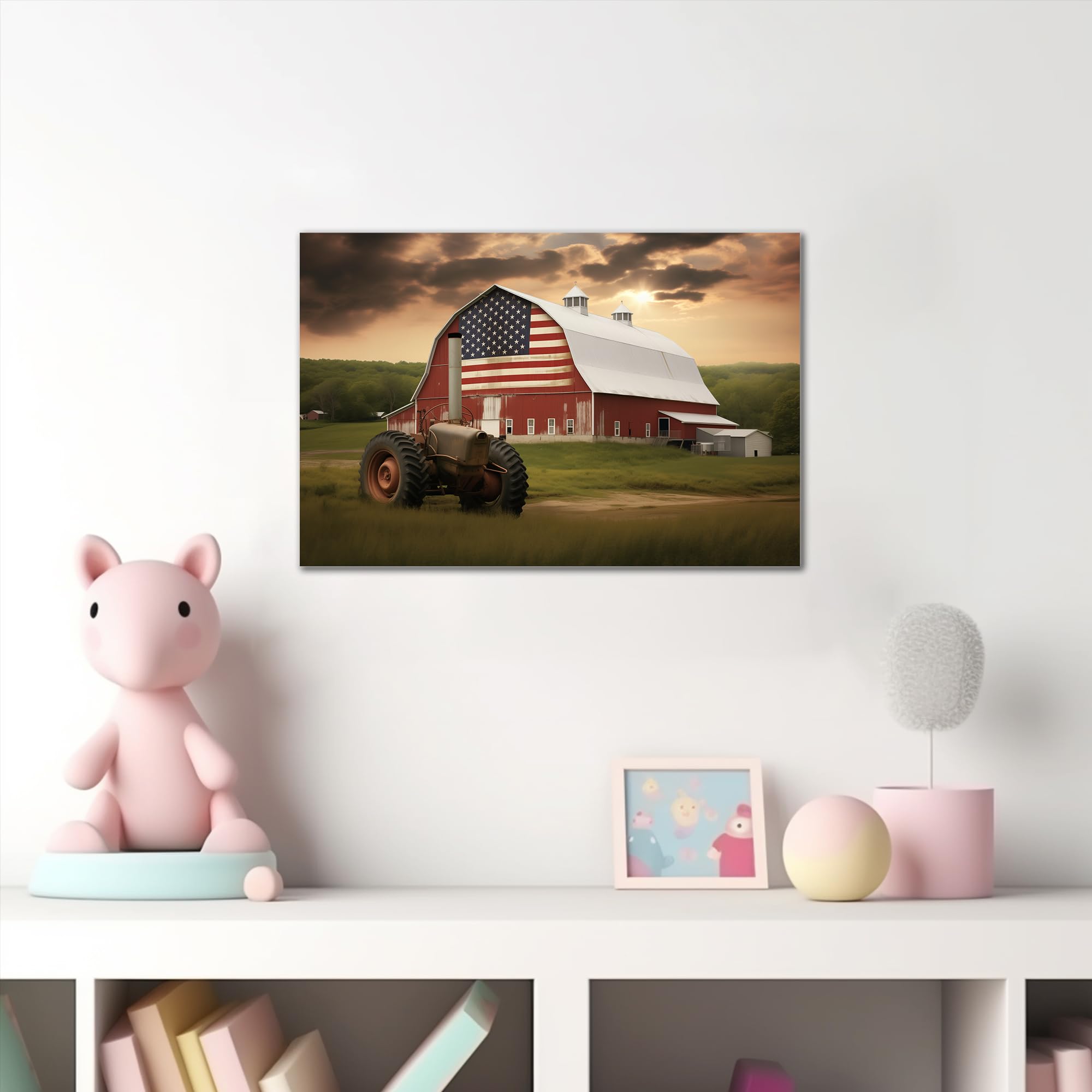 Farmhouse Truck Canvas Wall Art, Old Barn With Usa Flag Pictures Wall Art, Country Vintage Pickup Truck Canvas Prints, Retro Tru