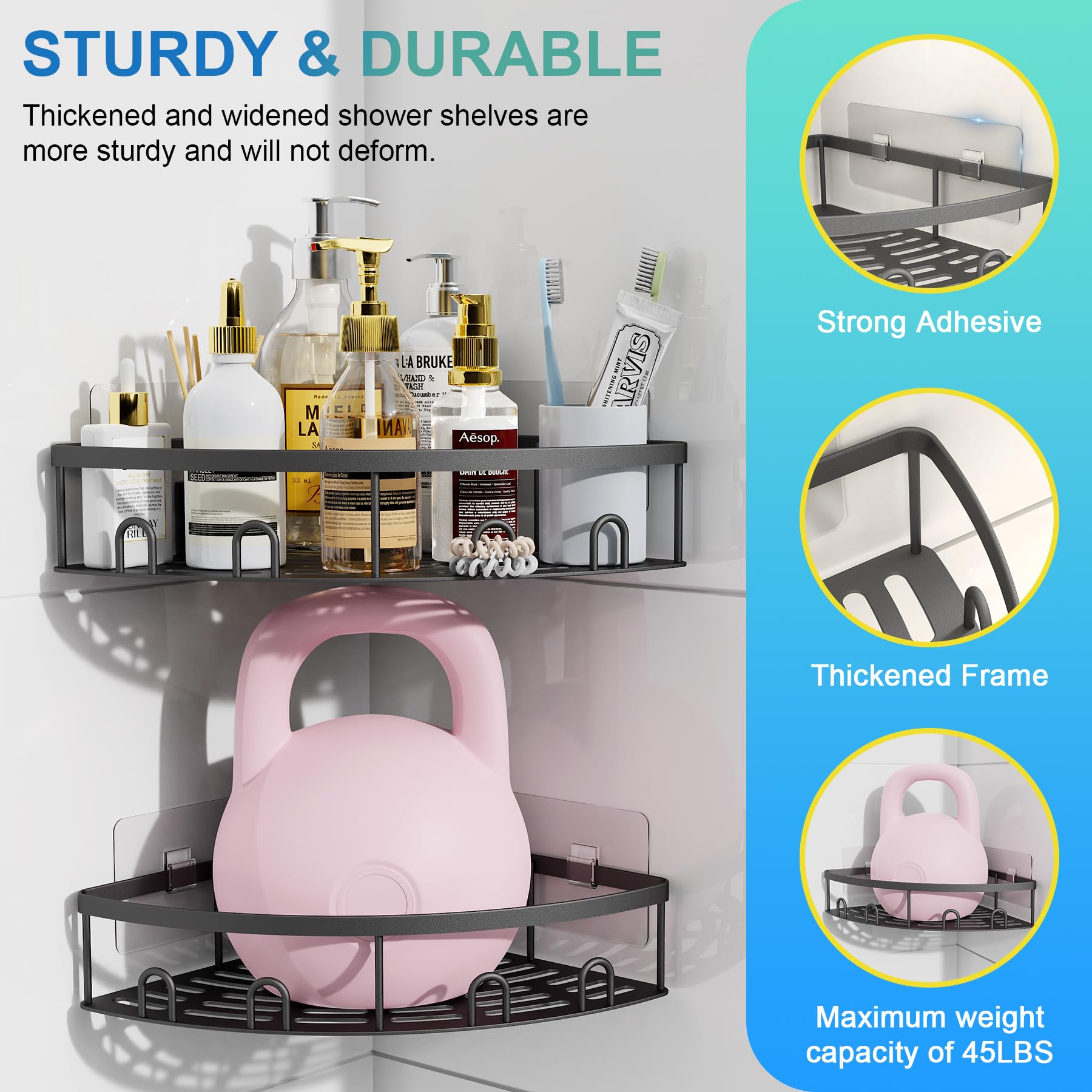 Kerisgo Corner Shower Caddy  2 Pack Adhesive Bathroom Shower Corner Organizer Shelf  No Drilling Rustproof Wall Mounted Shower Storage Rack Shampoo Holder Organizer (Black)