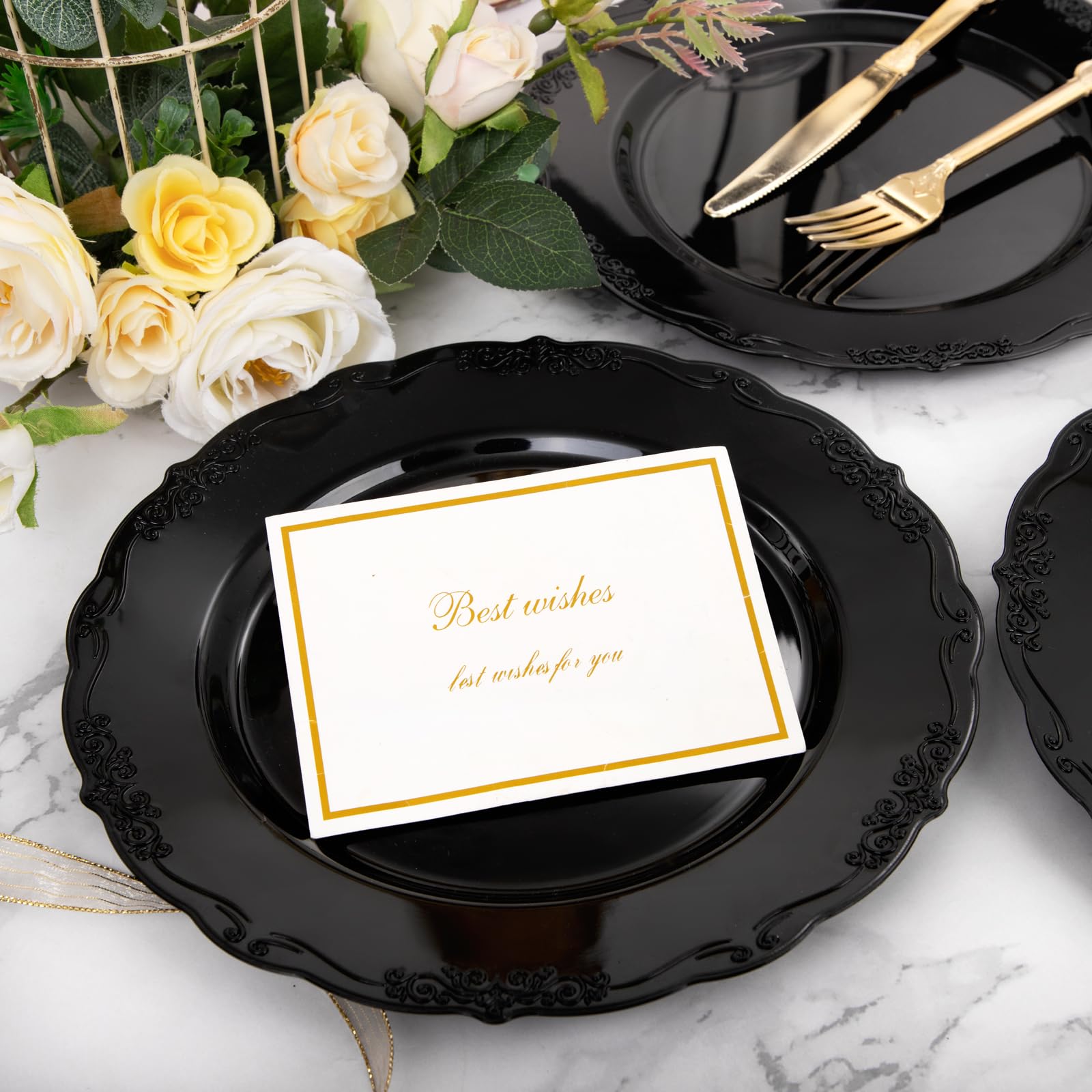 Dayammi 60Pcs Black Plastic Plates, Heavy Duty Black Disposable Plates Premium 10.25Inch Black Dinner Plates Hard Plastic Plates