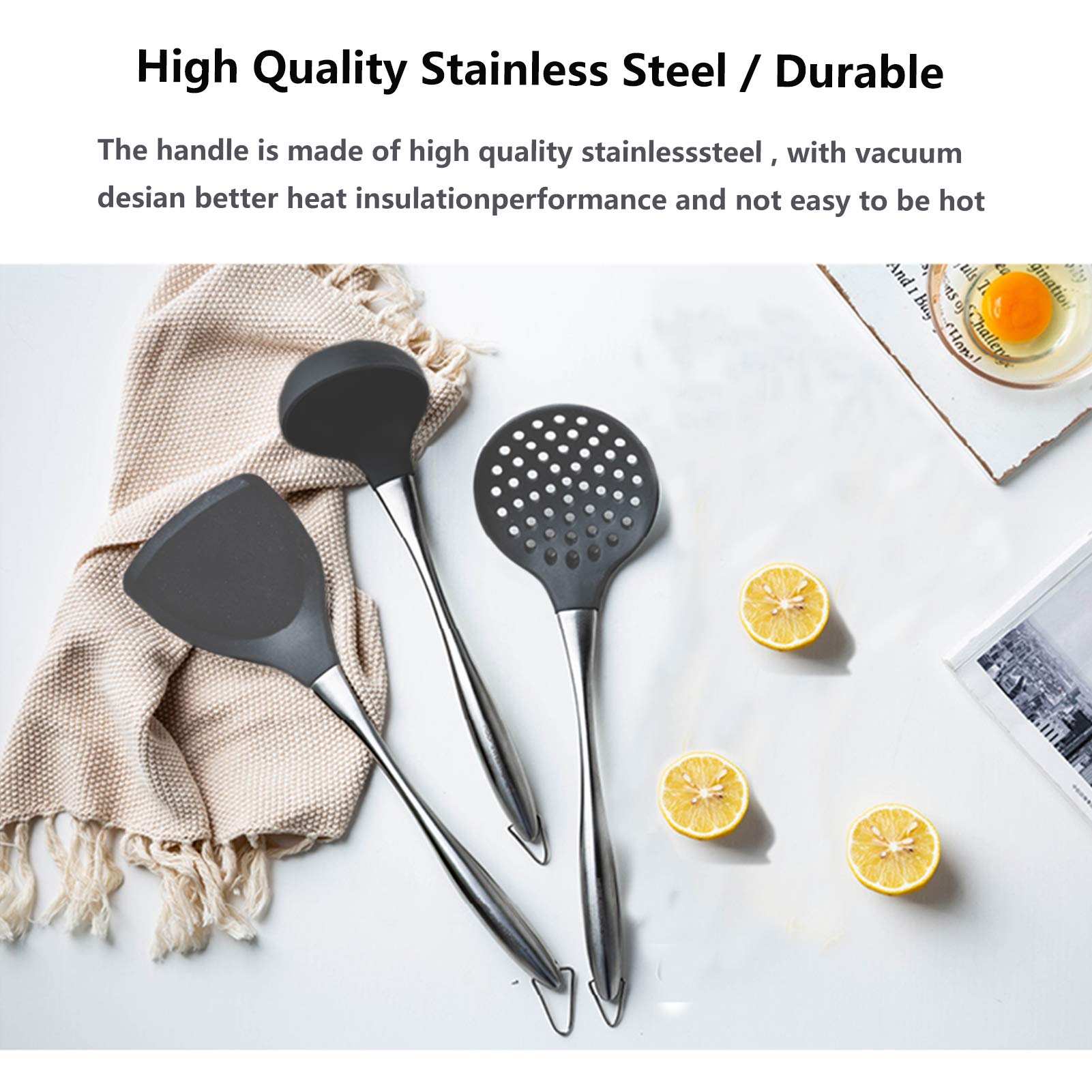 Silicone Stainless Steel Kitchen Utensils Set, 3-Pieces Flexible Silicone Head Cooking Utensil With Wok Spatula, Ladle, Slotted