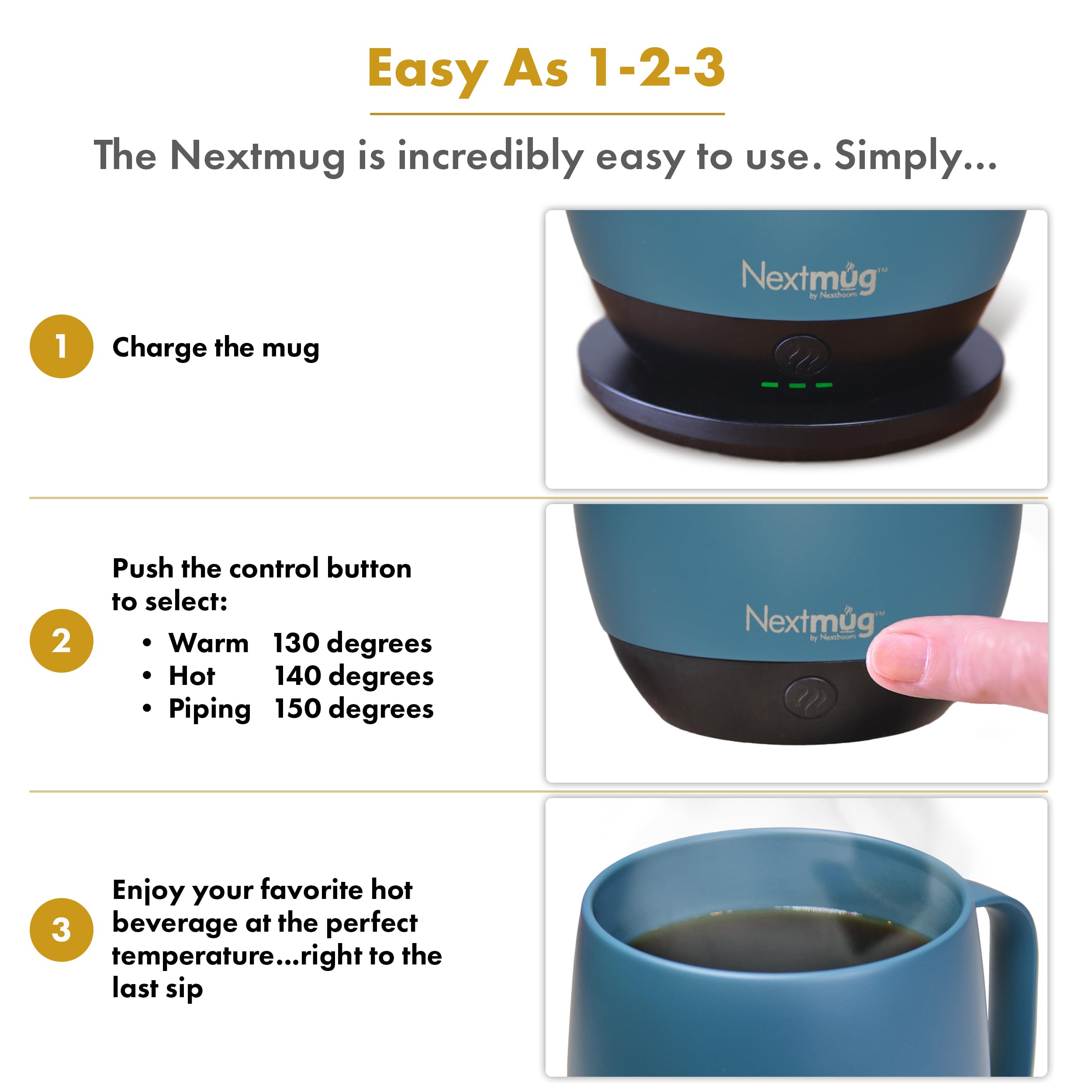 Nextmug Temperature-Controlled Self-Heating Coffee Mug 14 oz. Slate Blue Ceramic Matte Finish Model MMA-1122