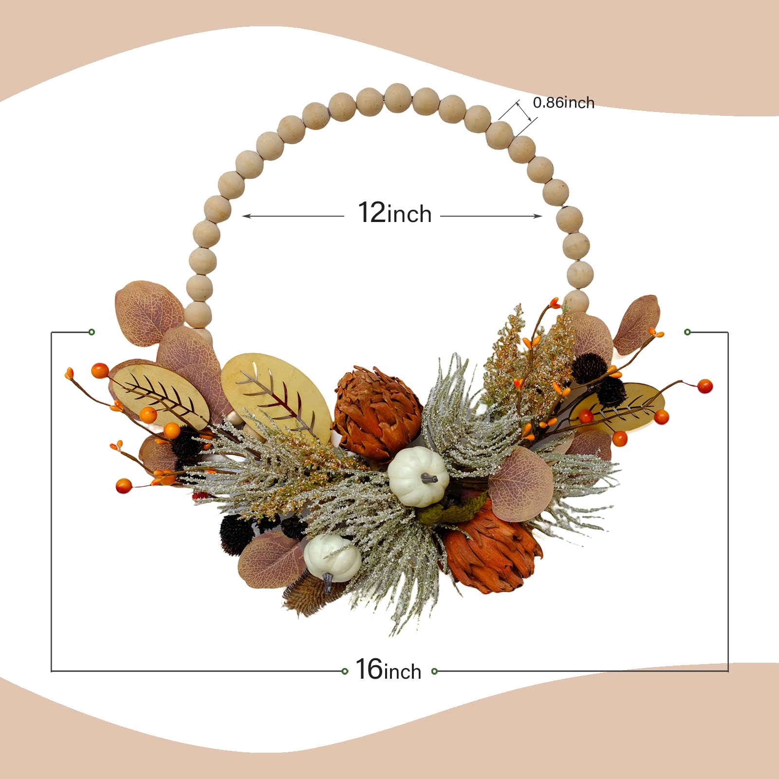 TEMPUS 16 Artificial Fall Wooden Beads Wreath with Leaves, Chrysanthemums & Mini Pumpkins - Handcrafted Harvest Decor for Front