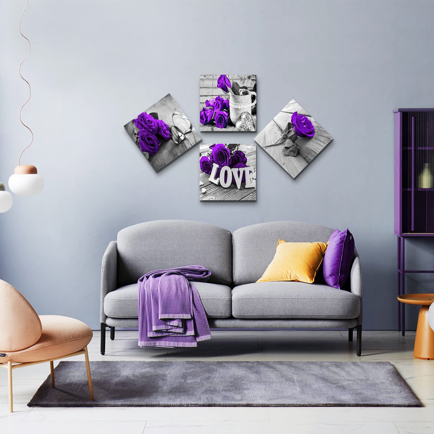 Purple Wall Art Bathroom Decor Rose Flower Canvas Prints Black and White Grey Background Romantic Love Painting Artwork Couple Bedroom Pictures Floral Posters Living Room Home Decorations 12x12 4 Pcs