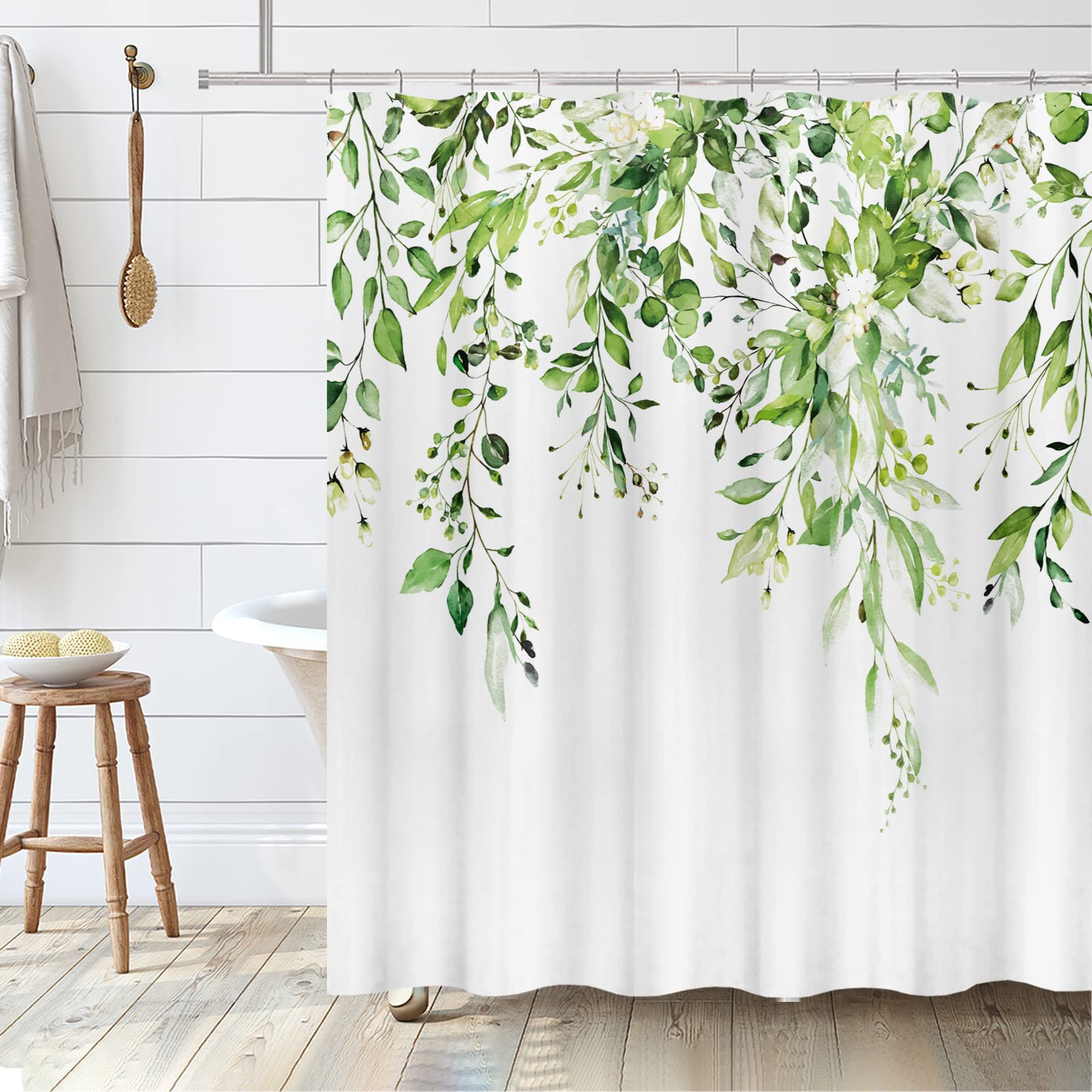Tititex Greenery Eucalyptus Shower Curtain Sets, Bright Green Watercolor Leaves On The Top Plant With Floral Bathroom Decoration
