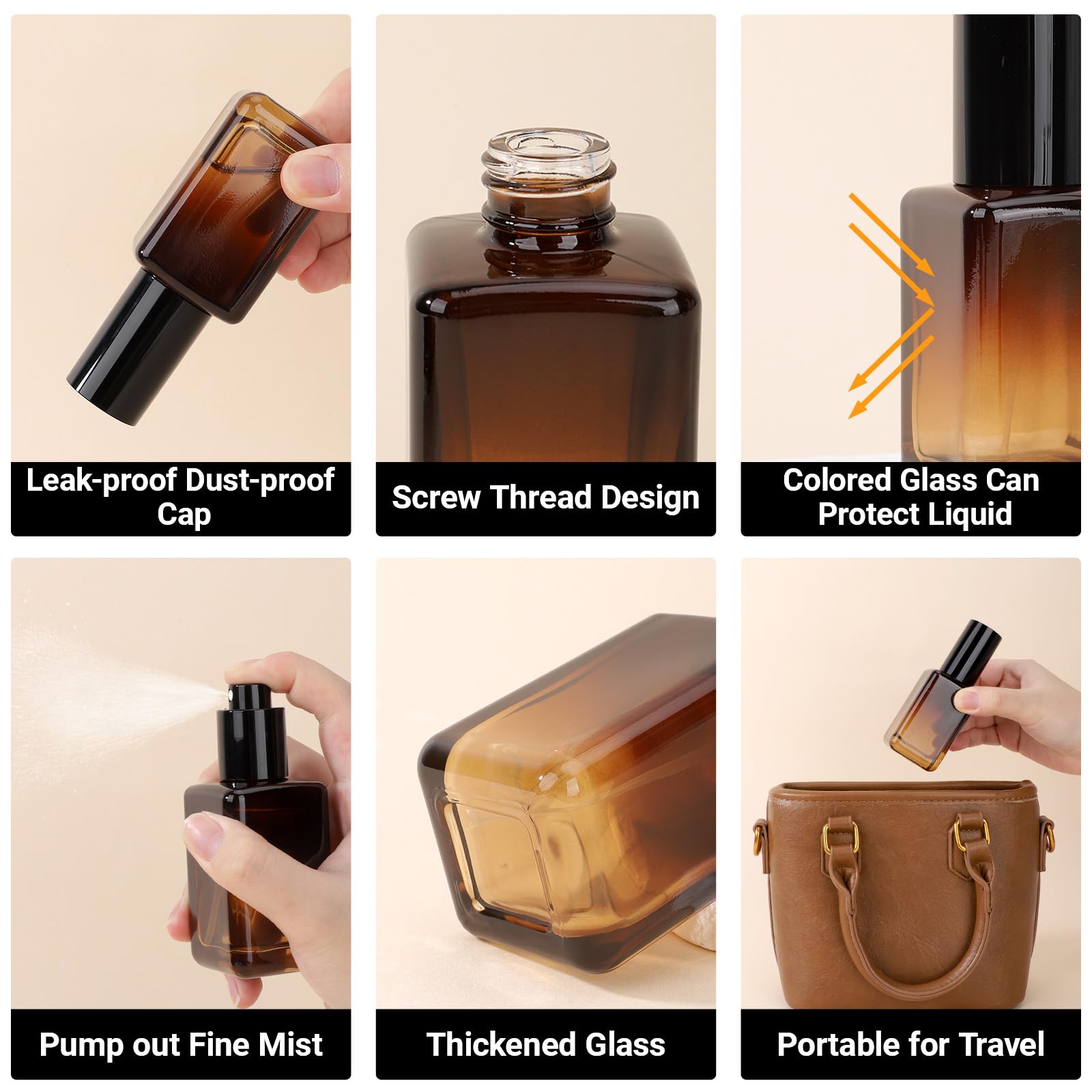 Segbeauty 1.7Oz Amber Glass Spray Bottles Empty For Travel, 2Pcs Perfume Refillable Travel Size Spray Bottle For Hair, 50Ml Fine