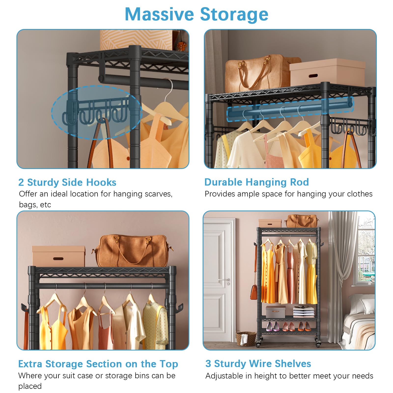 Vipek R1 Medium Rolling Clothes Rack Portable Garment Rack For Hanging Clothes, 3 Wire Shelves Freestanding Heavy Duty Clothing