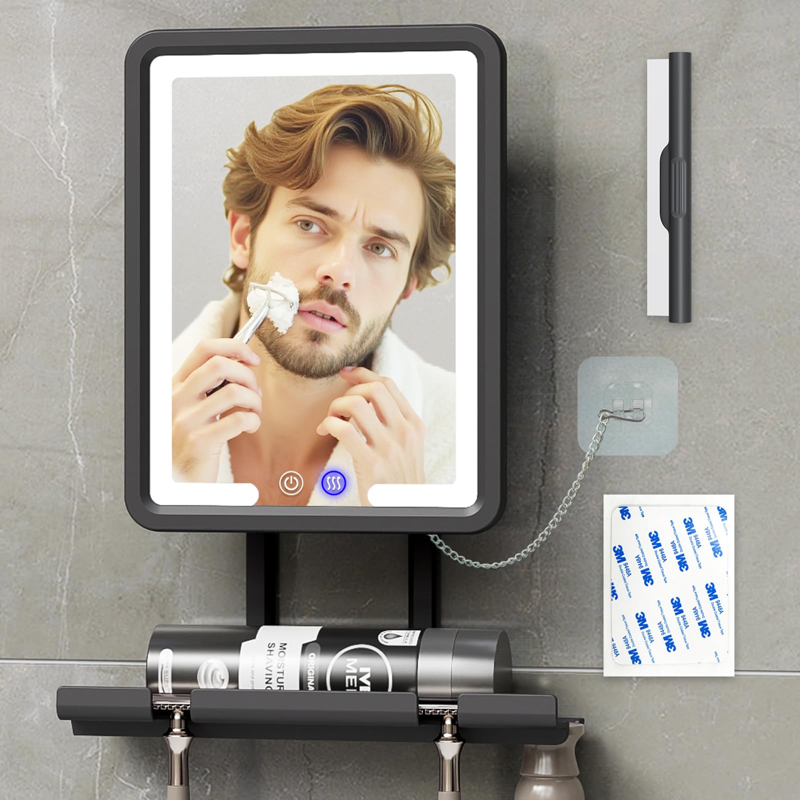 Lighted Anti-Fog Shower Mirror for Shaving - 3 Color Modes Dimming Fogless with Light, 360Rotation, Rechargeable Shower Mirror w