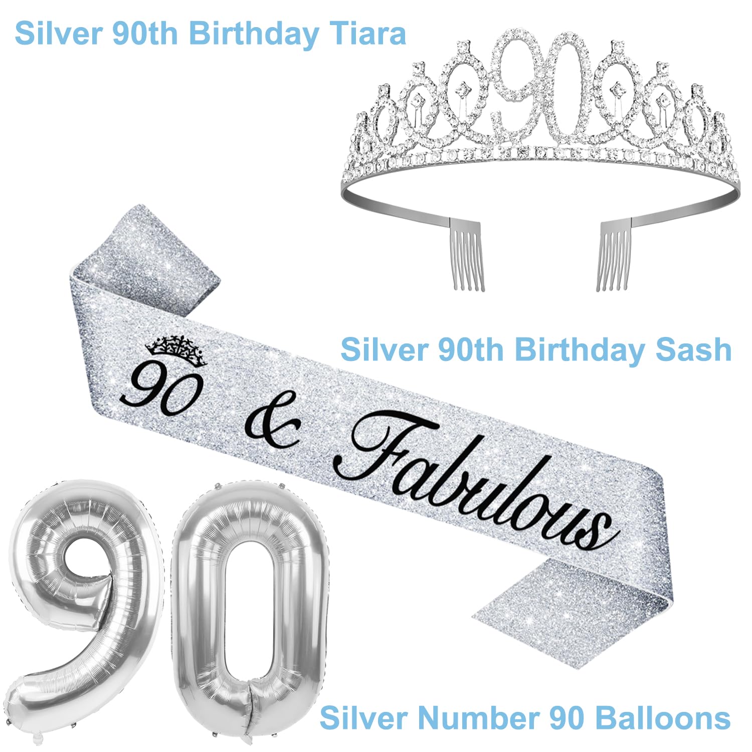 90th Birthday Decorations for Women Silver with 90th Birthday Sash and Crown, Cake Topper and Candles, Silver Number Balloons, 9