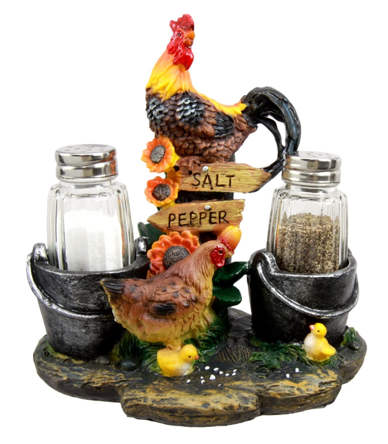 Ebros Gift Country Farm Barnyard Rooster Hen And Chicks Family By Pails And Sunflowers Salt And Pepper Shakers Holder Figurine 7
