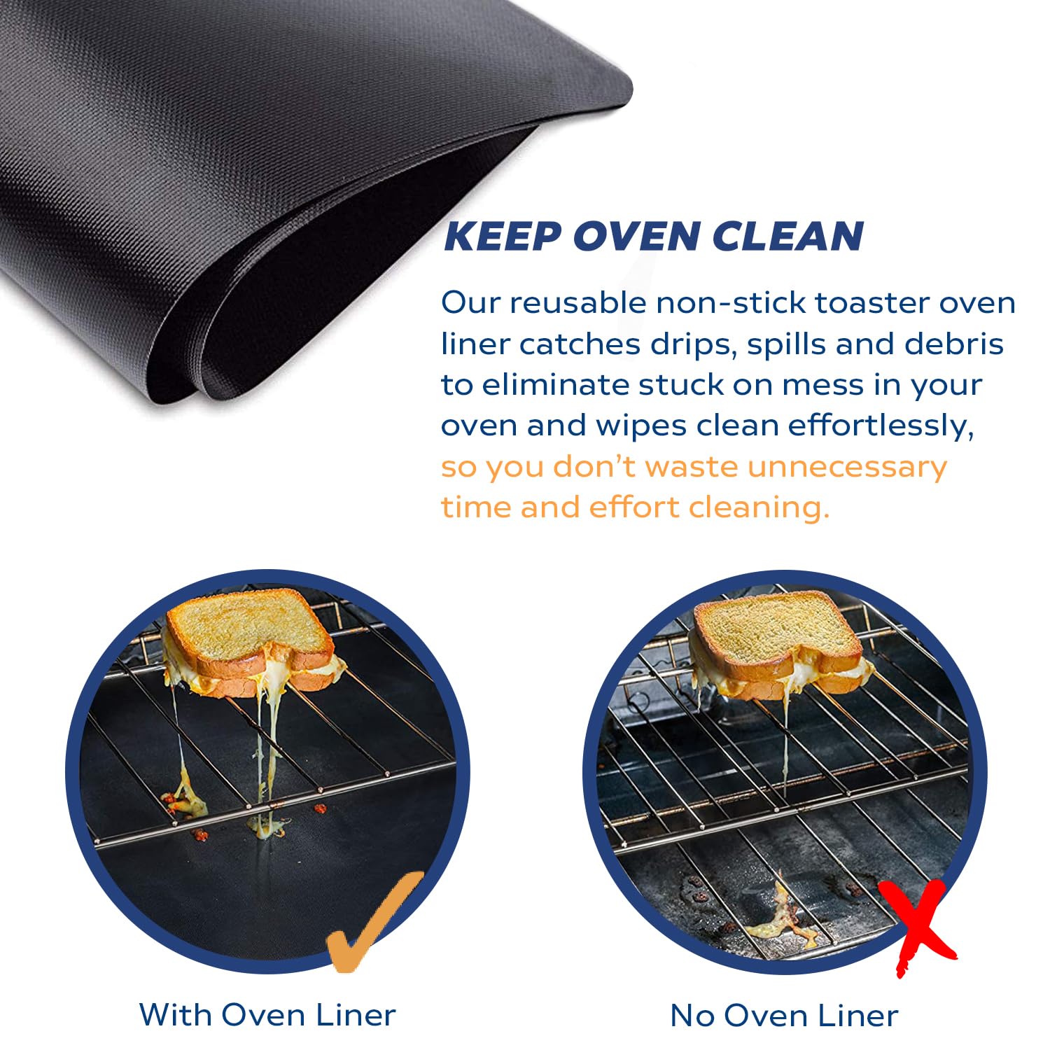 TOOLSSIDE Non-Stick Toaster Oven Liner 2 Pack - 11"x9", Dishwasher Safe, Black Teflon Sheet for Bottom of Oven