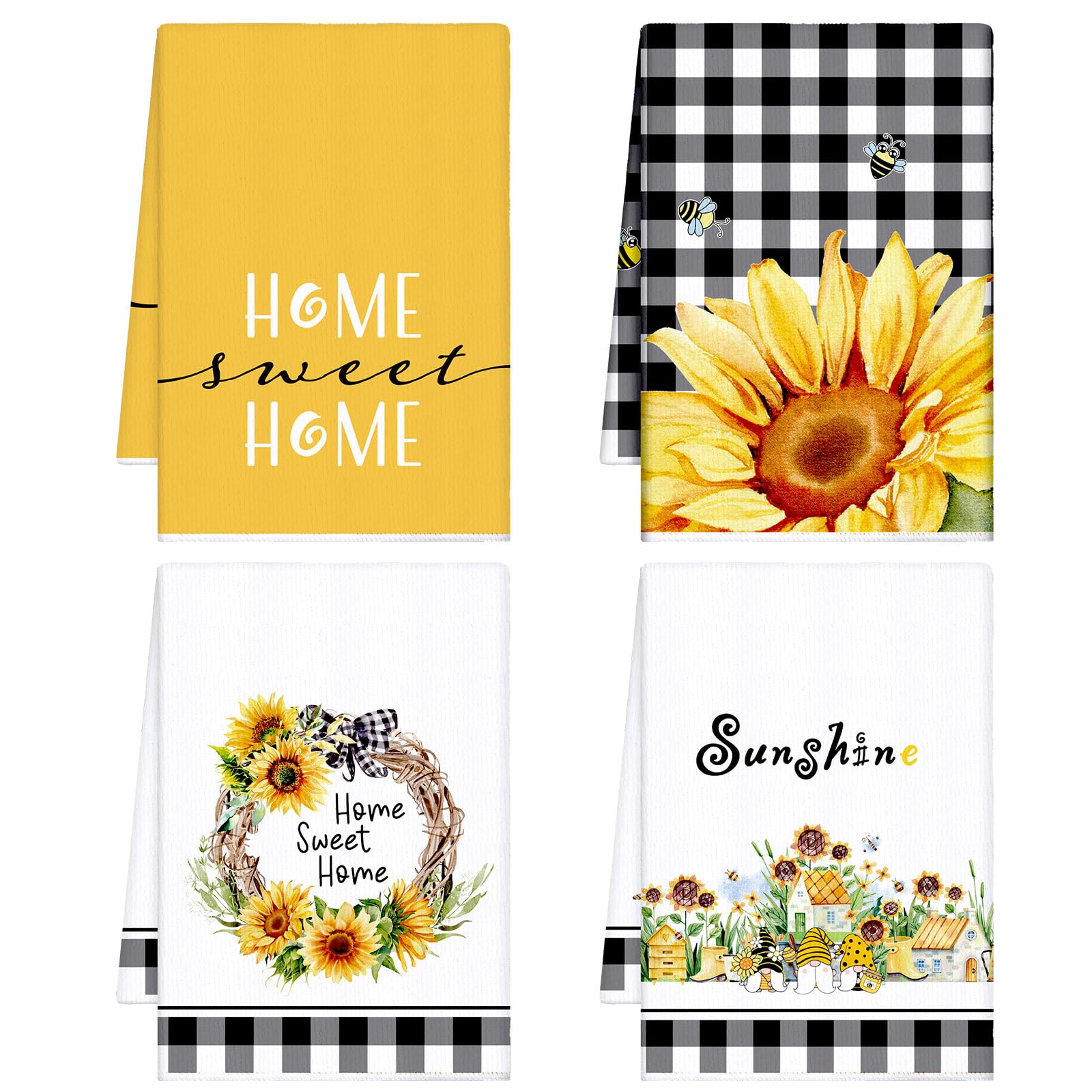 Bencailor 4 Pcs Sunflower Kitchen Towels Christmas Thanksgiving Flower Floral Hand Dish Towels Yellow Buffalo Grid Fast Drying D