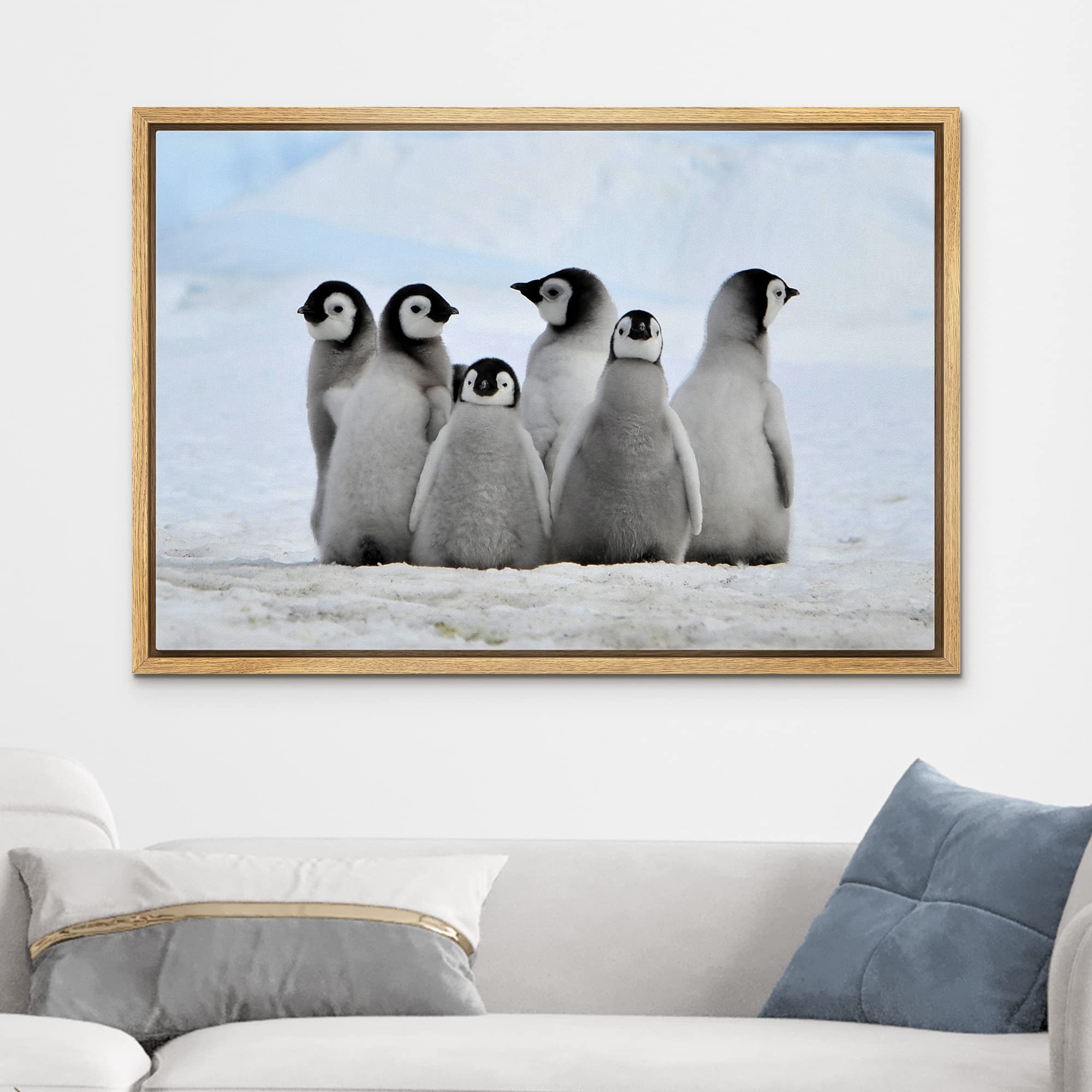 Wall26 - Framed Canvas Wall Art - Little Penguins - Giclee Print Gallery Wrap Modern Home Art Ready To Hang - 16''X24'' Natural