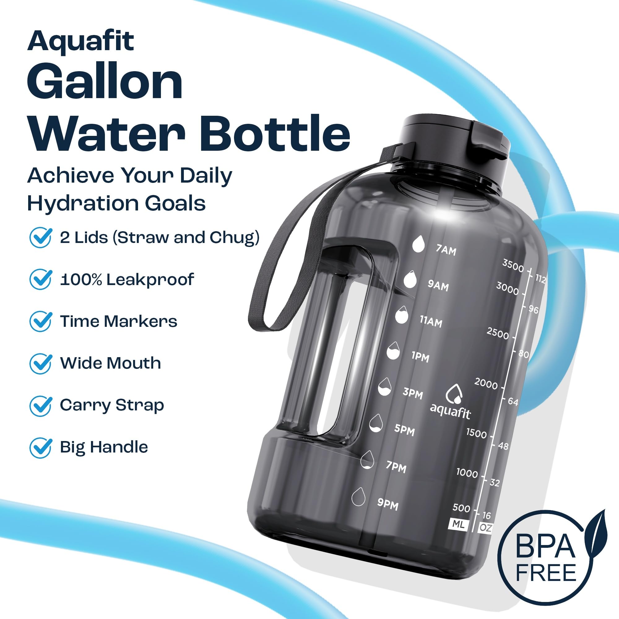 AQUAFIT 1 Gallon Water Bottle with Time Marker - Straw & Chug Lid - BPA Free Gym Water Bottle with Straw - Big Gallon Jug (Frost