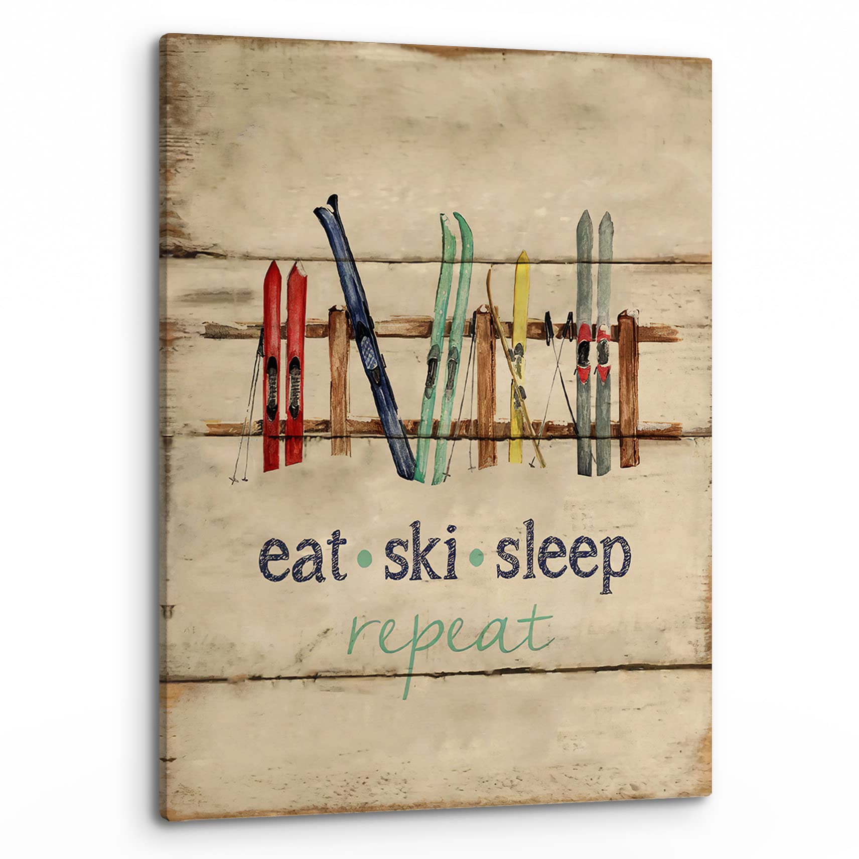 PHAMTE Eat Sleep Ski Repeat Wall Art,Farmhouse Rustic Winter Holiday Sport Ski Sleighs Vintage Print Framed Canvas Painting Artw