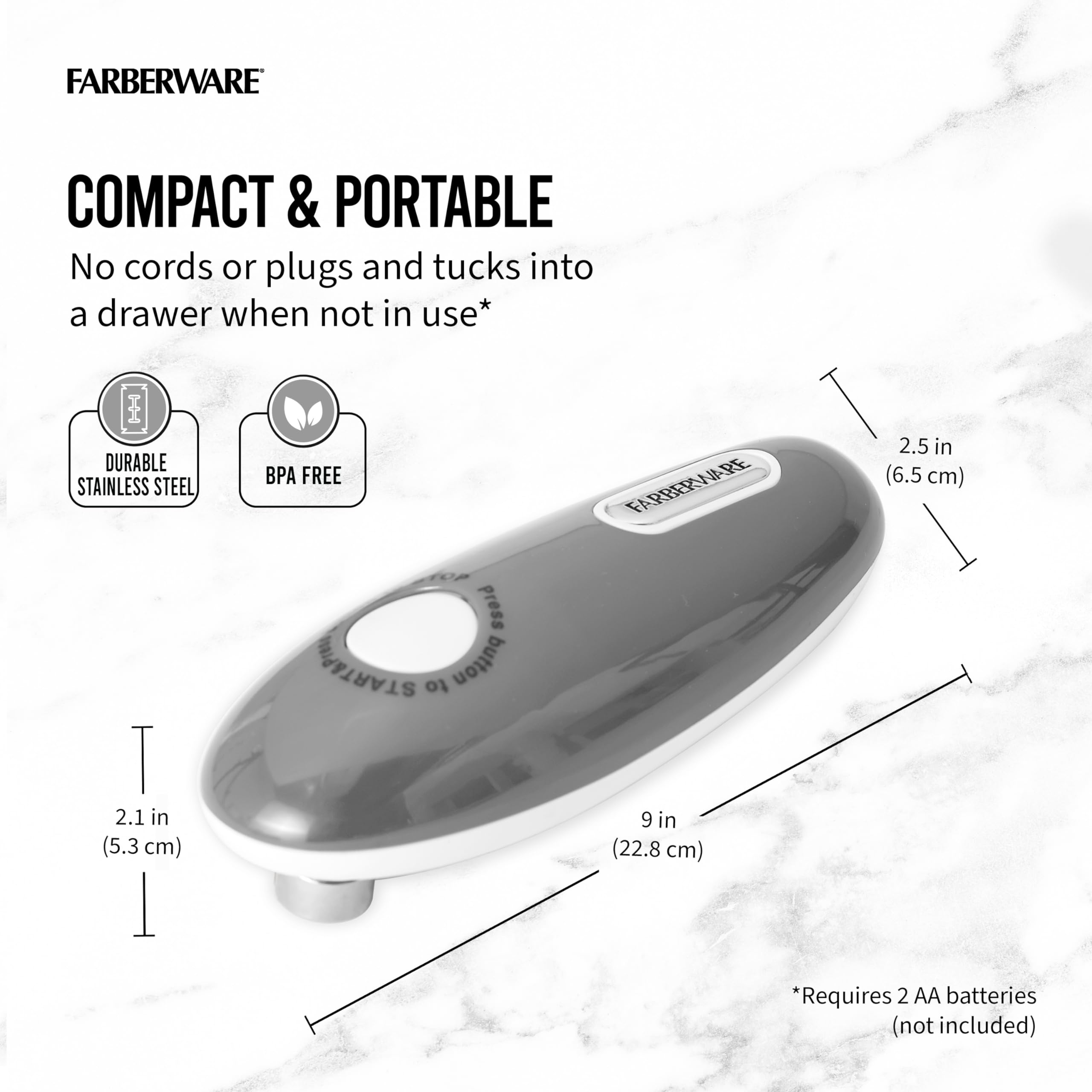 Farberware Compact Battery Operated Hands-Free Automatic Can Opener For Any Size Can With Magnet To Safely Remove Lid, Seamless
