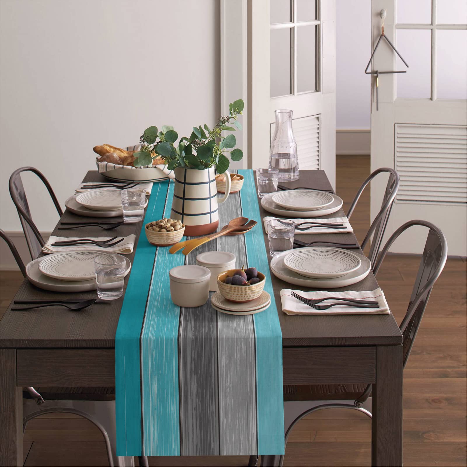 Vandarllin Farmhouse Cotton Linen Table Runner Dresser Scarf Retro Rustic Barn Wood Texture Ombre Aqua Blue Gray Non-Slip Rectan