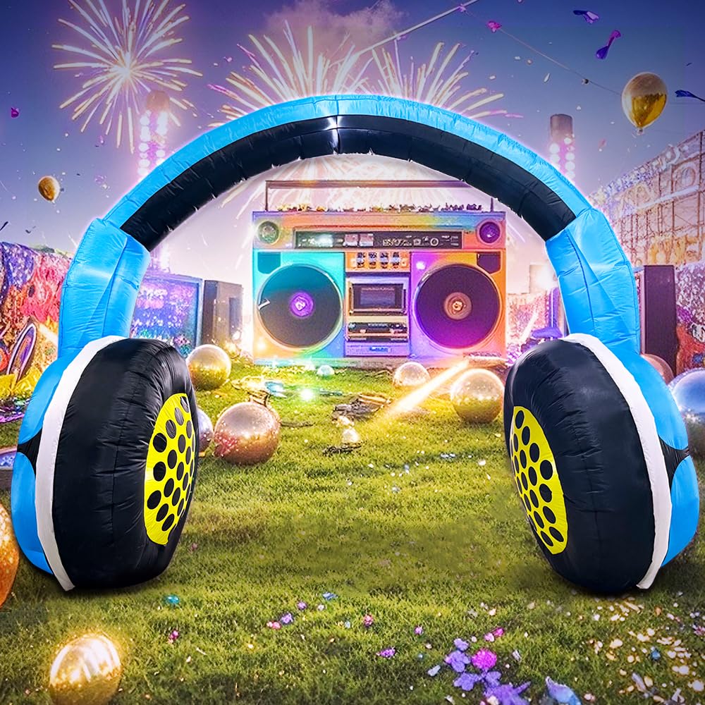 10FT Christmas Inflatable Headphones Archway Party Decorations, 80 s 90 s Party Decoration, Blow up LED Lights Favors for 80s 90