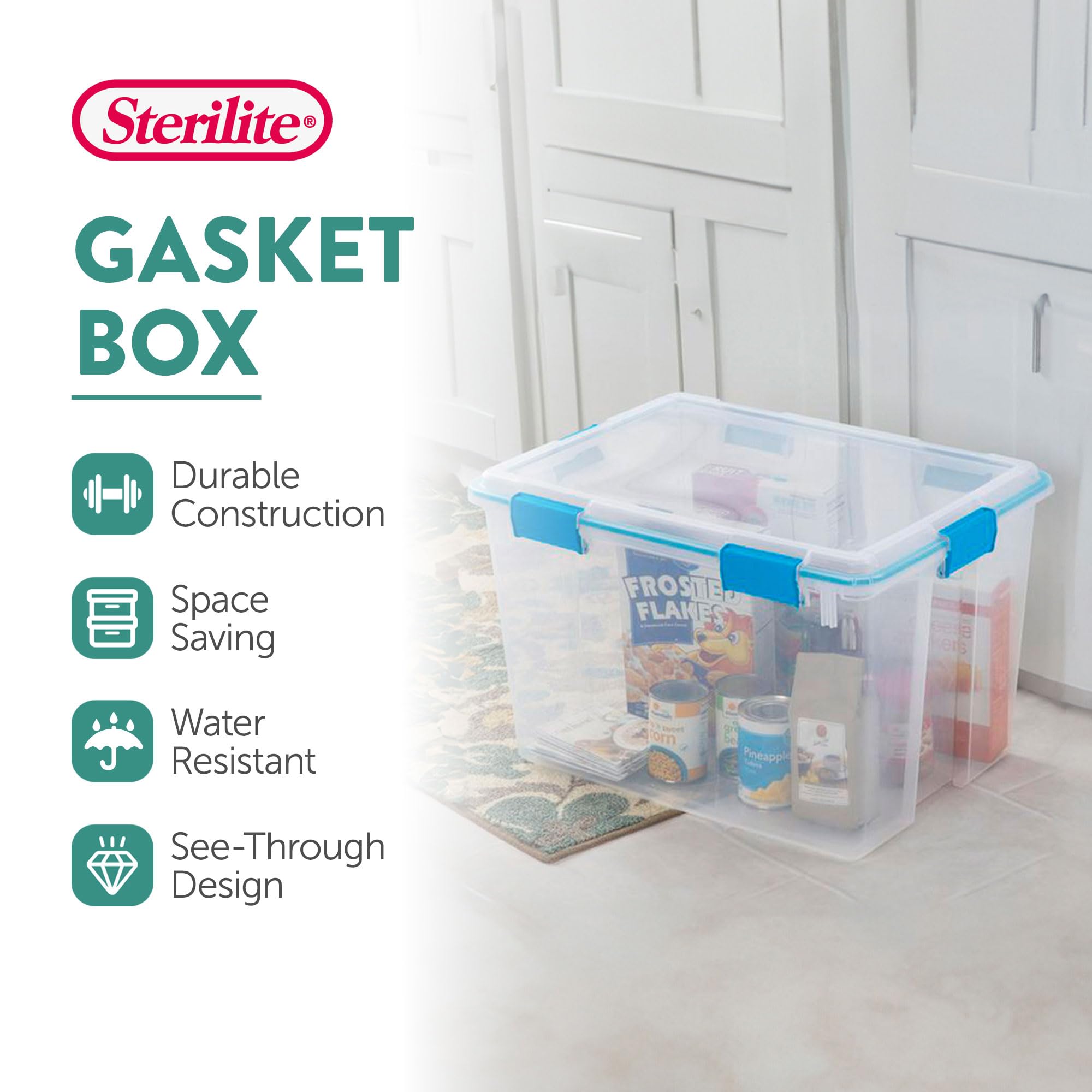 Sterilite Gasket Box, Stackable Storage Bin With Latching Lid, 80 Quart, 12 Pack