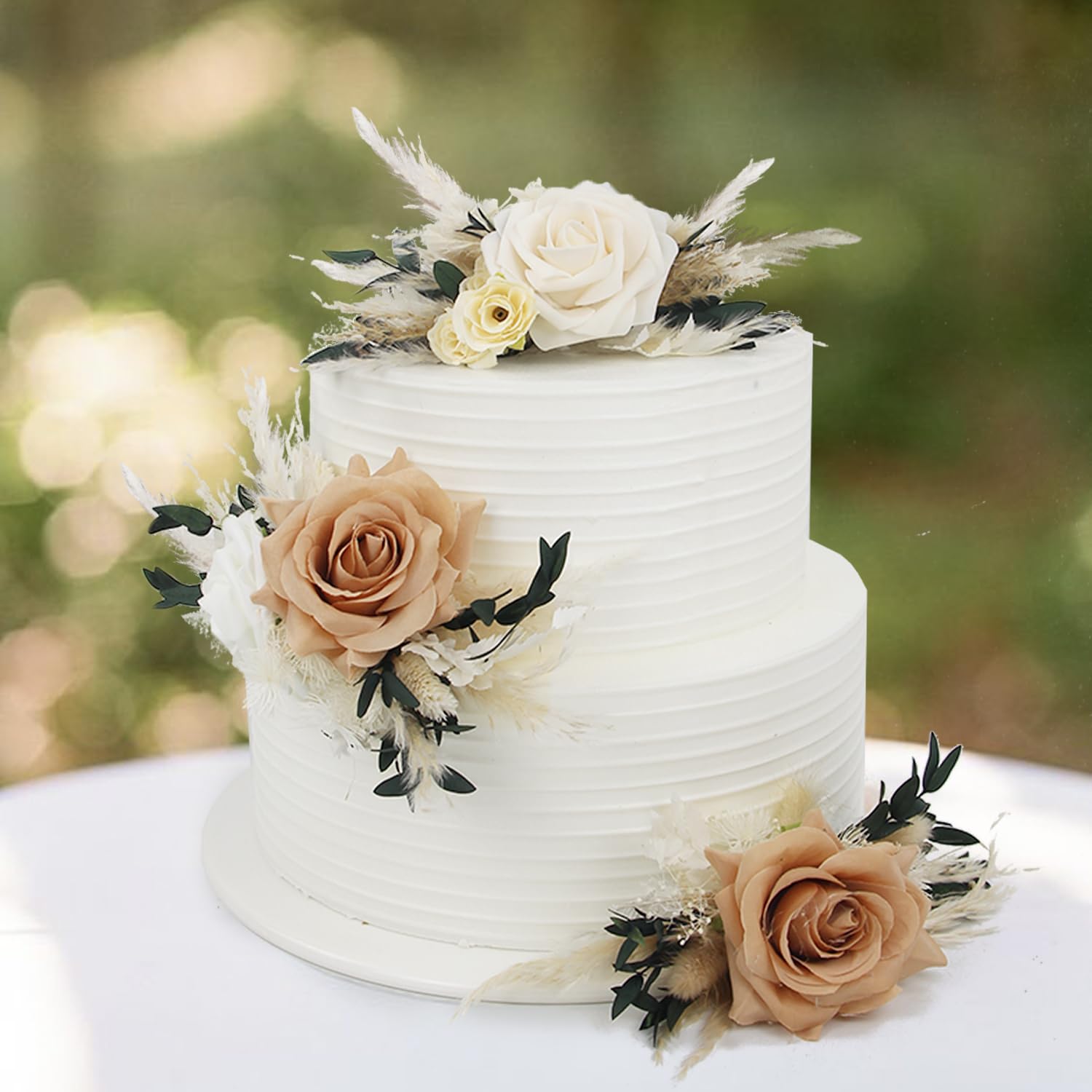 Rinlong 3Pcs Pre-made Boho Cake Toppers Pampas Cake Decorations Birthday Wedding Cake Decorating Flowers Baptism Decor for Women