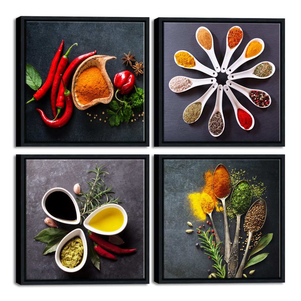 Pyradecor Black Framed 4 Pieces Colorful Spices And Spoon Vintage Canvas Prints Still Life Paintings Pictures Canvas Wall Art Fo