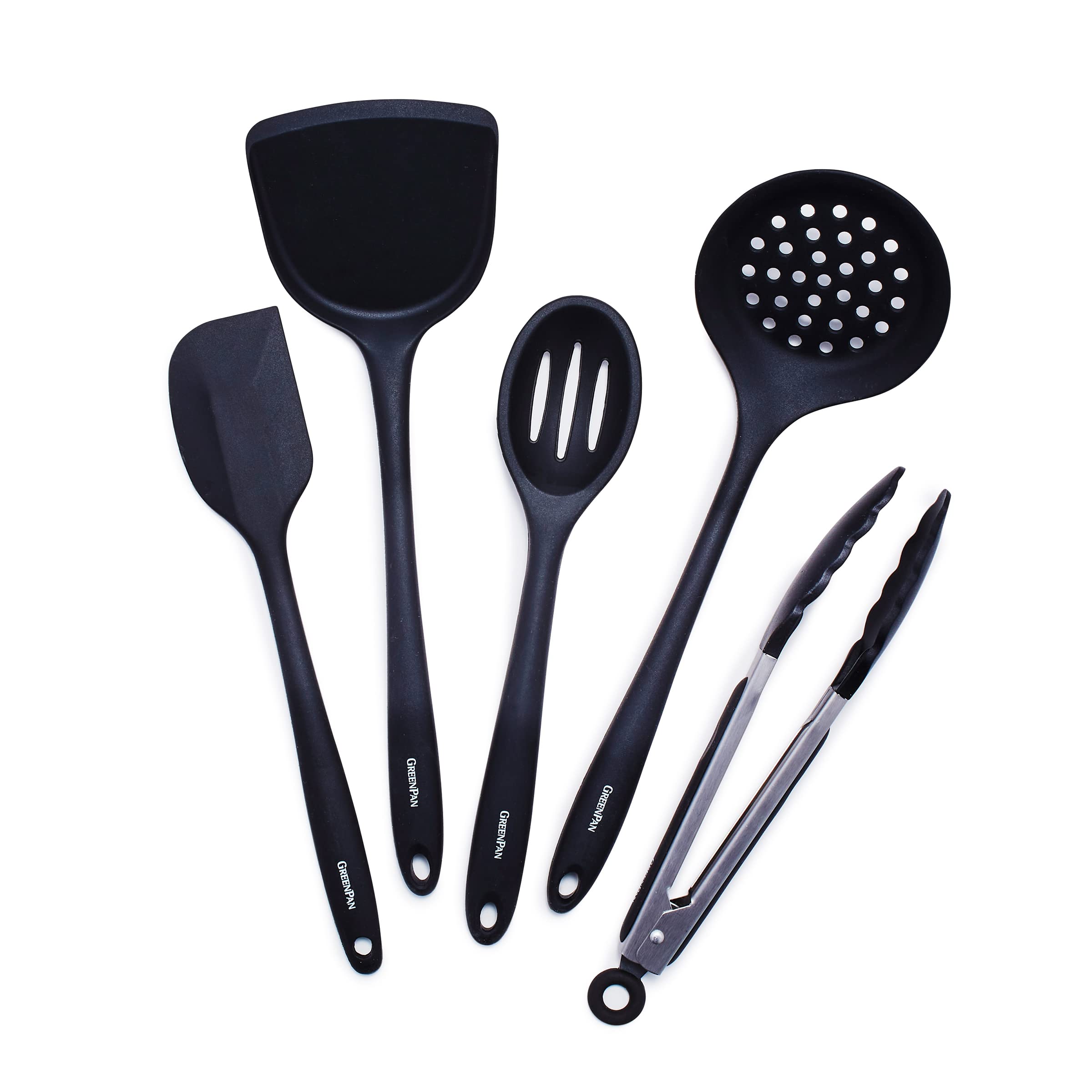 Greenpan 5 Piece Cooking Utensil Set, Flexible Nonstick Silicone, Stain-Free, Tongs, Turner, Spatula, Skimmer, And Slotted Spoon