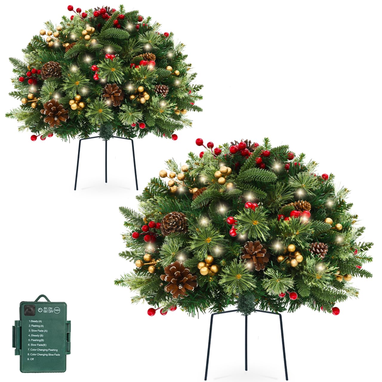 TOWPONICS Set of 2 Outdoor Pathway Christmas Trees, 18in Pre-Lit Realistic Xmas Tree Urn & Planter Filler for Porch, Yard, Drive