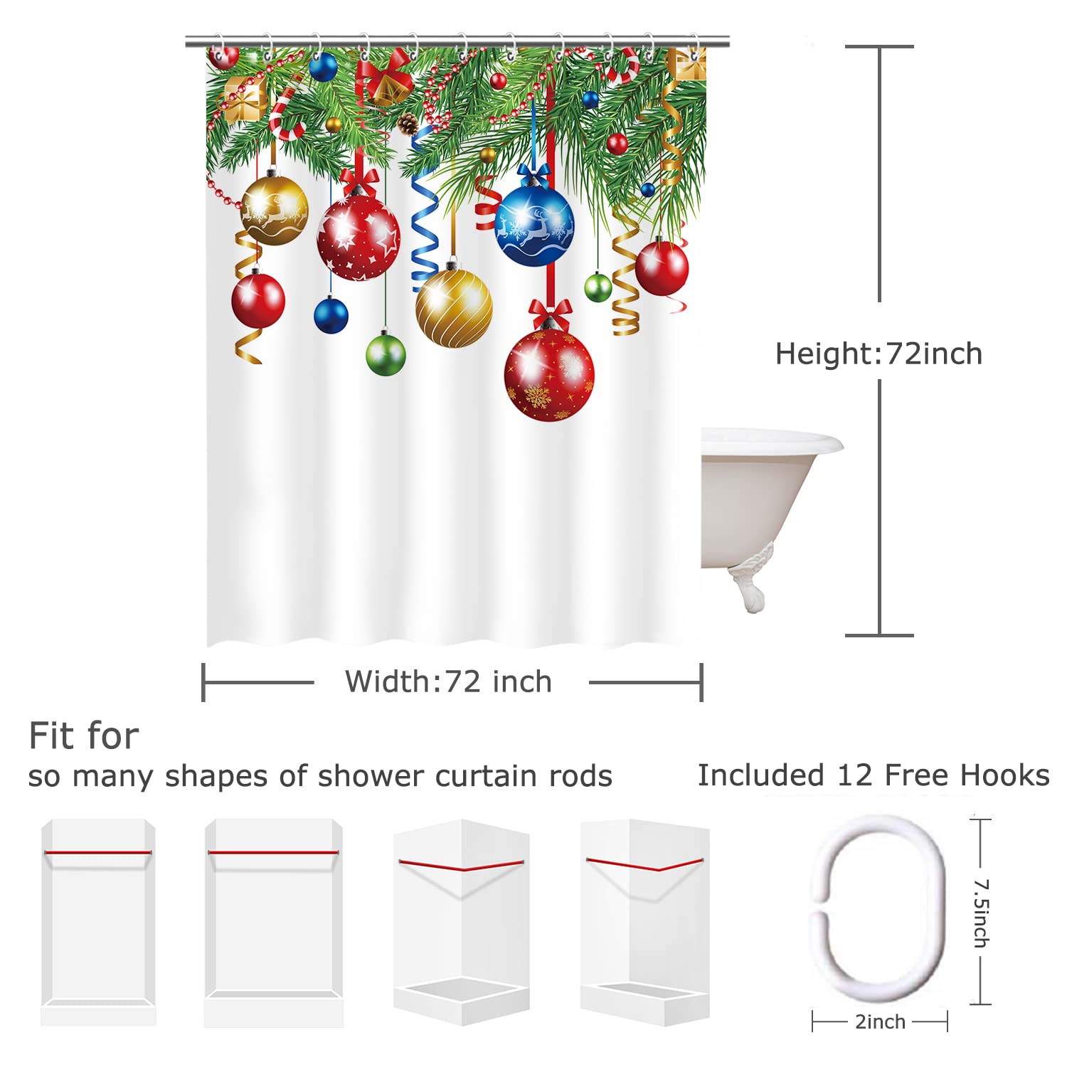 Rosielily Christmas Shower Curtain For Bathroom Xmas Shower Curtains Red Green Christmas Fabric Xmas Bathroom Set With Hooks Col
