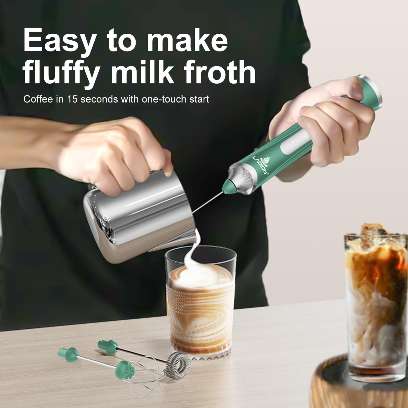 Laoion Rechargeable Frother Wand With Stand, Milk Frother With Detachable Stainless Steel Double Rings Whisk, 3-Speed Handheld E