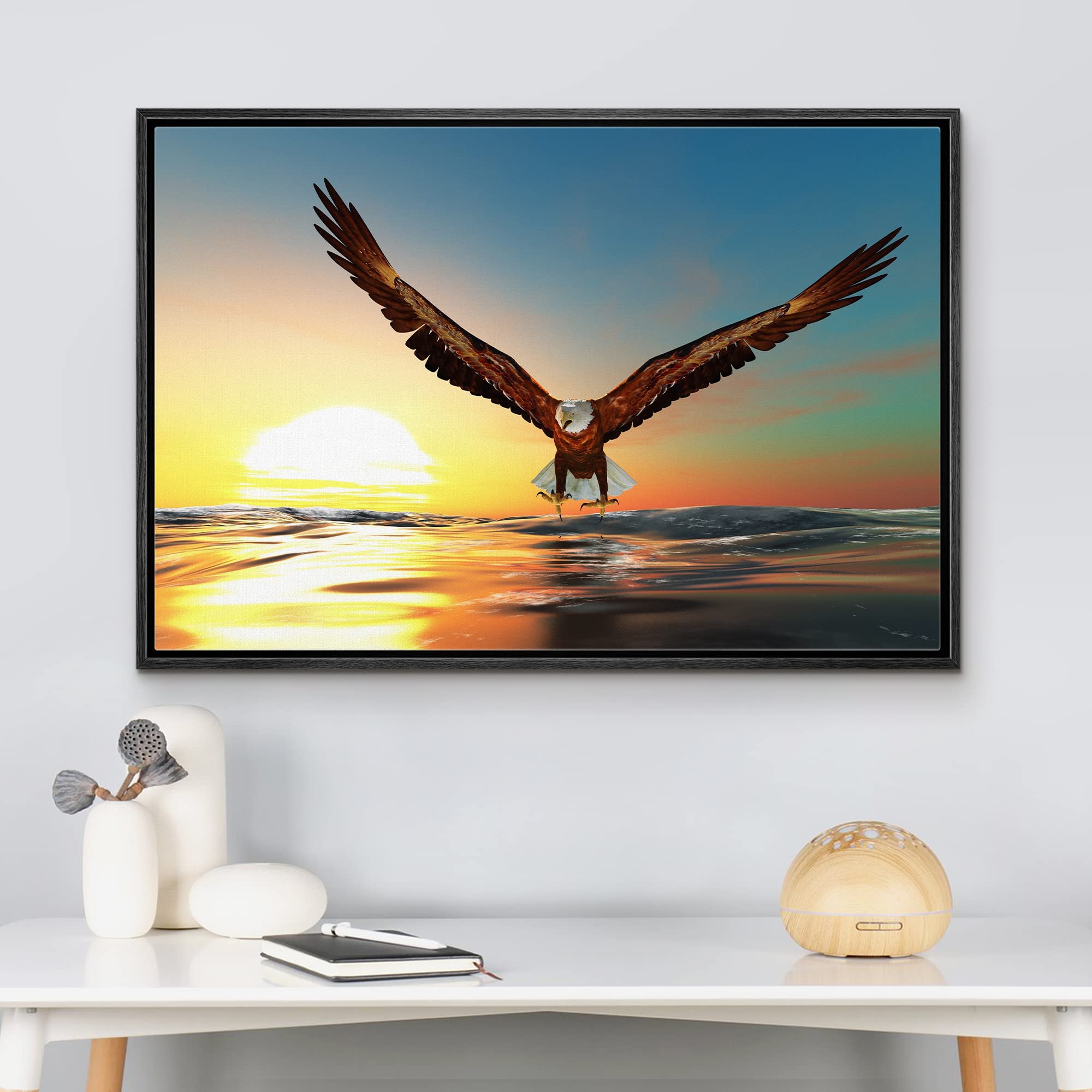 Wall26 - Framed Canvas Prints Wall Art - Bald Eagle Flying Above The Sea | Modern Wall Decor/Home Decoration Stretched Gallery F