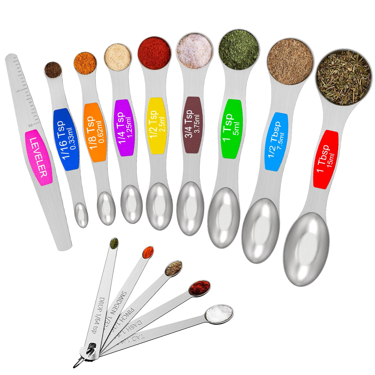 Wildone 14 Piece Stainless Steel Measuring Spoons Set, Including 8 Double Sided Magnetic, 1 Leveler And 5 Mini, For Dry And Liqu